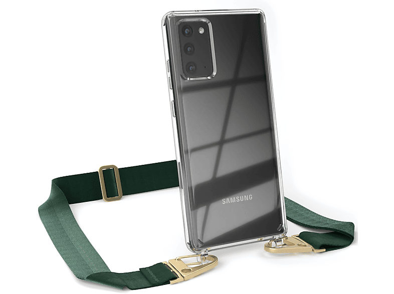 EAZY CASE Transparente Handyhülle mit breiter Kordel + Karabiner, Umhängetasche, Samsung, Galaxy Note 20 / Note 20 5G, Dunkel Grün / Gold