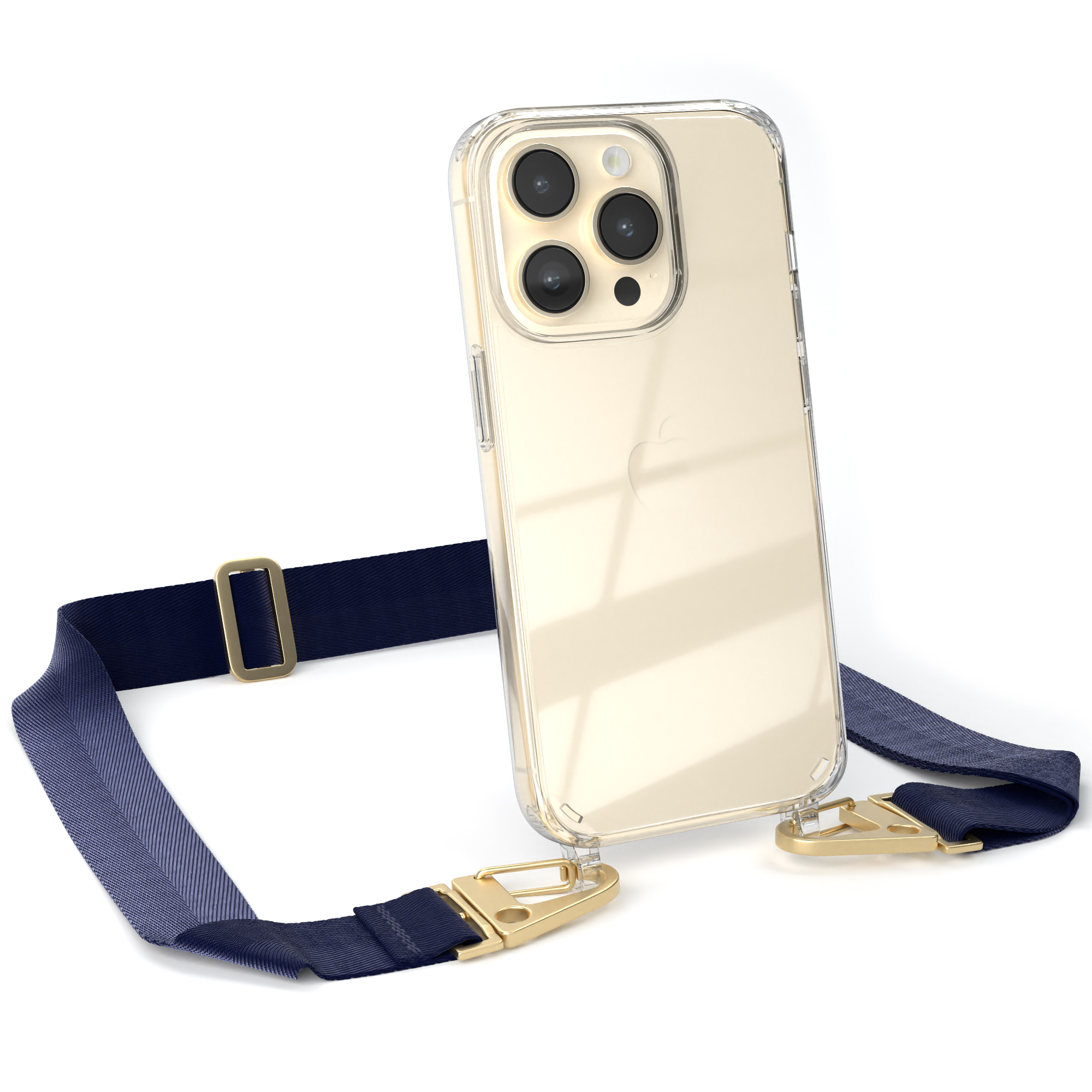 EAZY CASE Transparente Handyhülle mit + Karabiner, Blau 14 / Gold Umhängetasche, Apple, Pro, iPhone Kordel breiter Dunkel