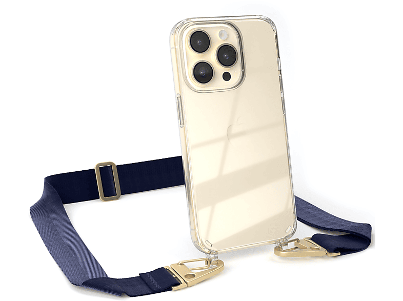 EAZY CASE Transparente Handyhülle mit breiter Kordel + Karabiner, Umhängetasche, Apple, iPhone 14 Pro, Dunkel Blau / Gold