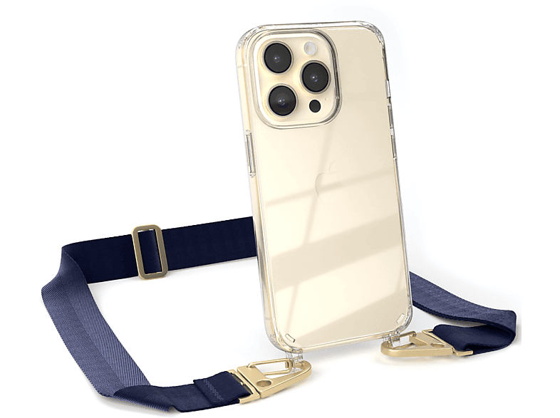 Umhängetasche, Pro, + CASE 14 Apple, mit Transparente iPhone Handyhülle EAZY Gold / Blau Kordel Karabiner, Dunkel breiter