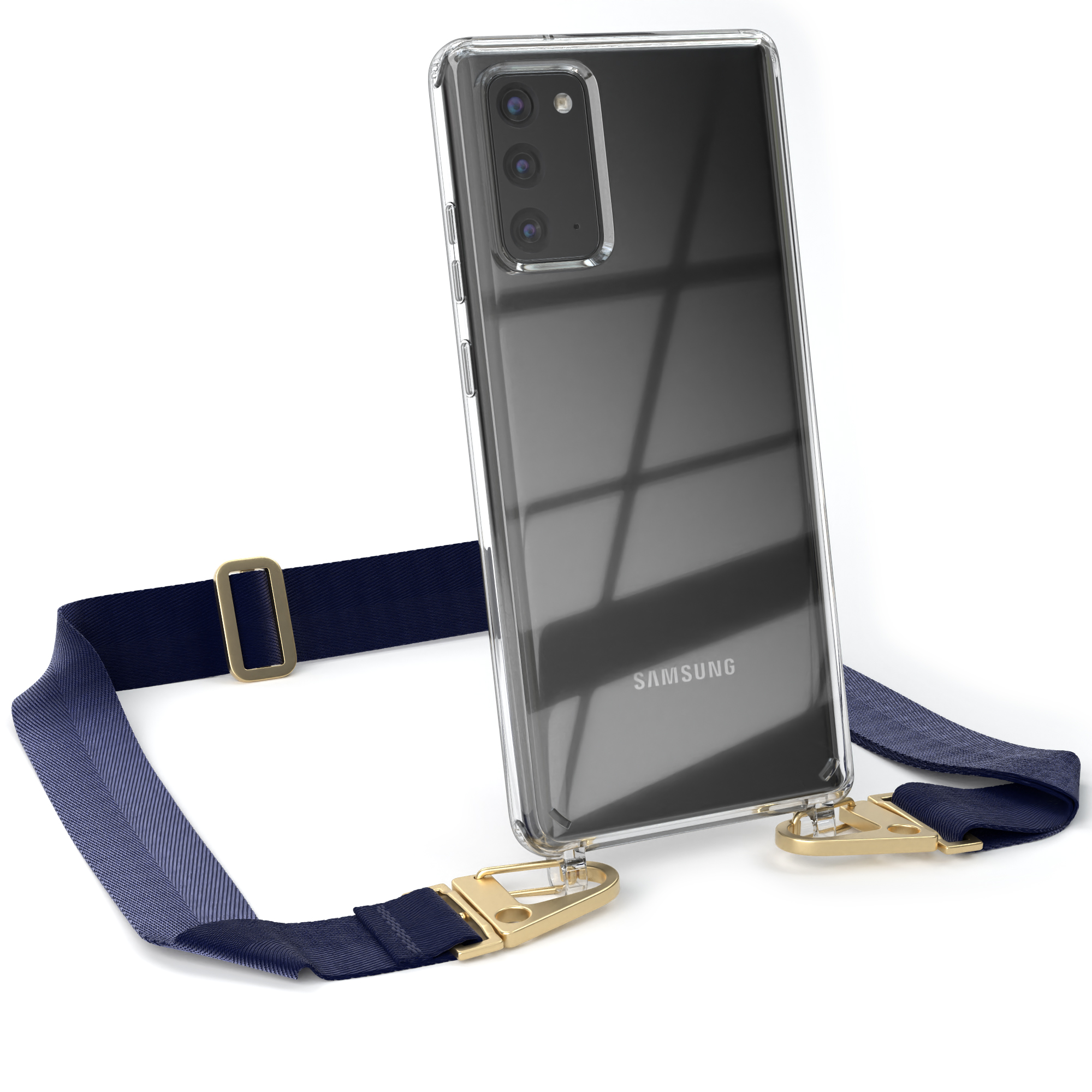 Transparente Handyhülle mit marinefarbenem Gurt. Das Telefon ist transparent. Weißer Hintergrund.