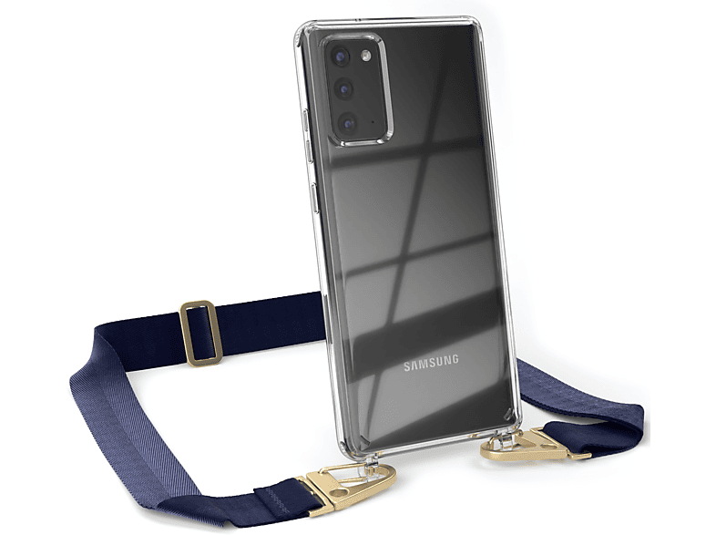 EAZY CASE Transparente Handyhülle mit breiter Kordel + Karabiner, Umhängetasche, Samsung, Galaxy Note 20 / Note 20 5G, Dunkel Blau / Gold