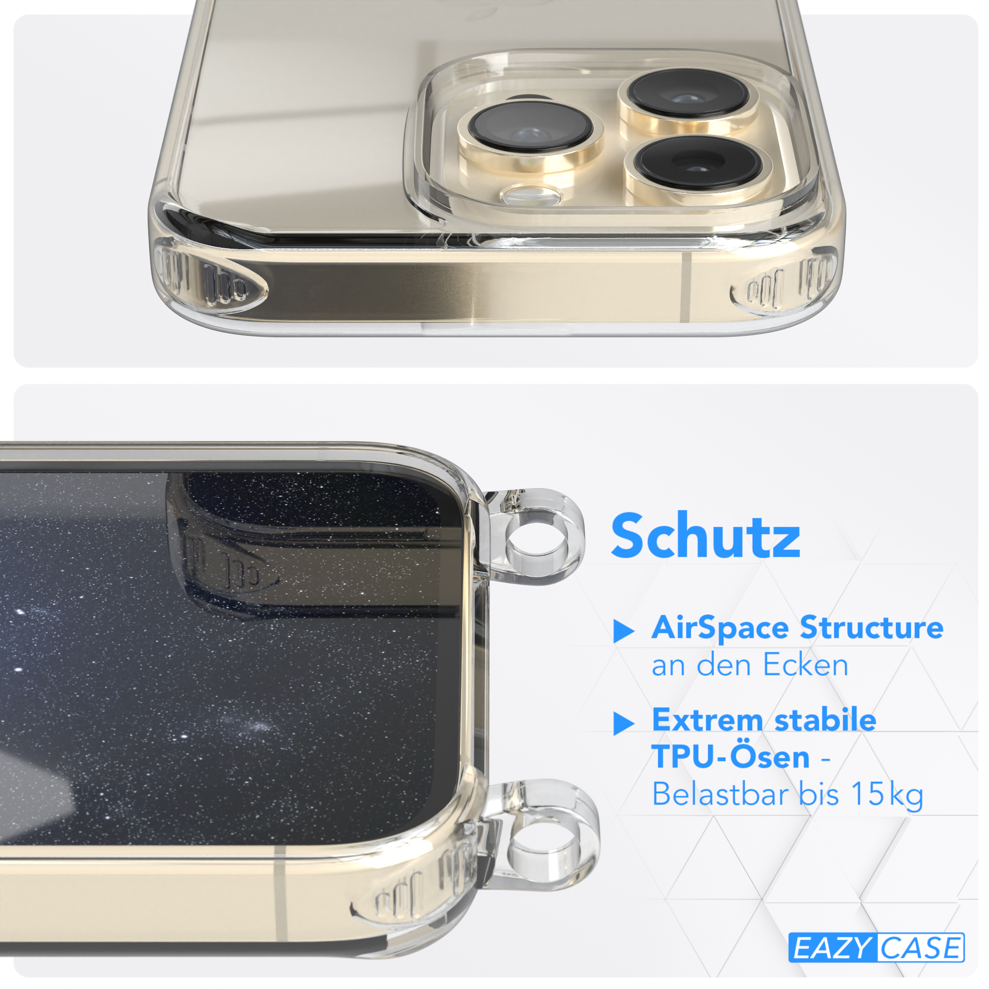 Nahaufnahme der Handyhülle. Text: AirSpace Structure an den Ecken, extrem stabile TPU-Ösen, bis 15 kg.