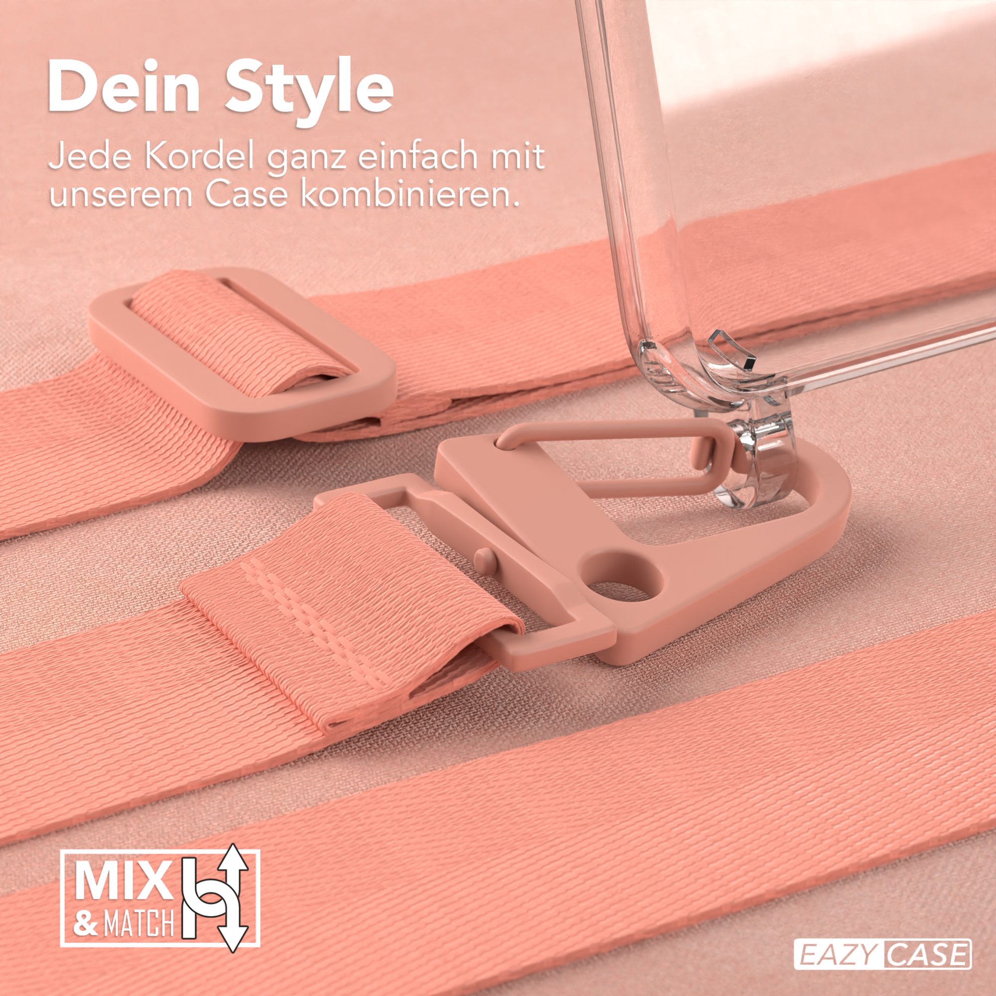 Nahaufnahme einer Handyhülle mit Trägern. Text: Mix & Match. Rosa Träger und rosa Hülle.