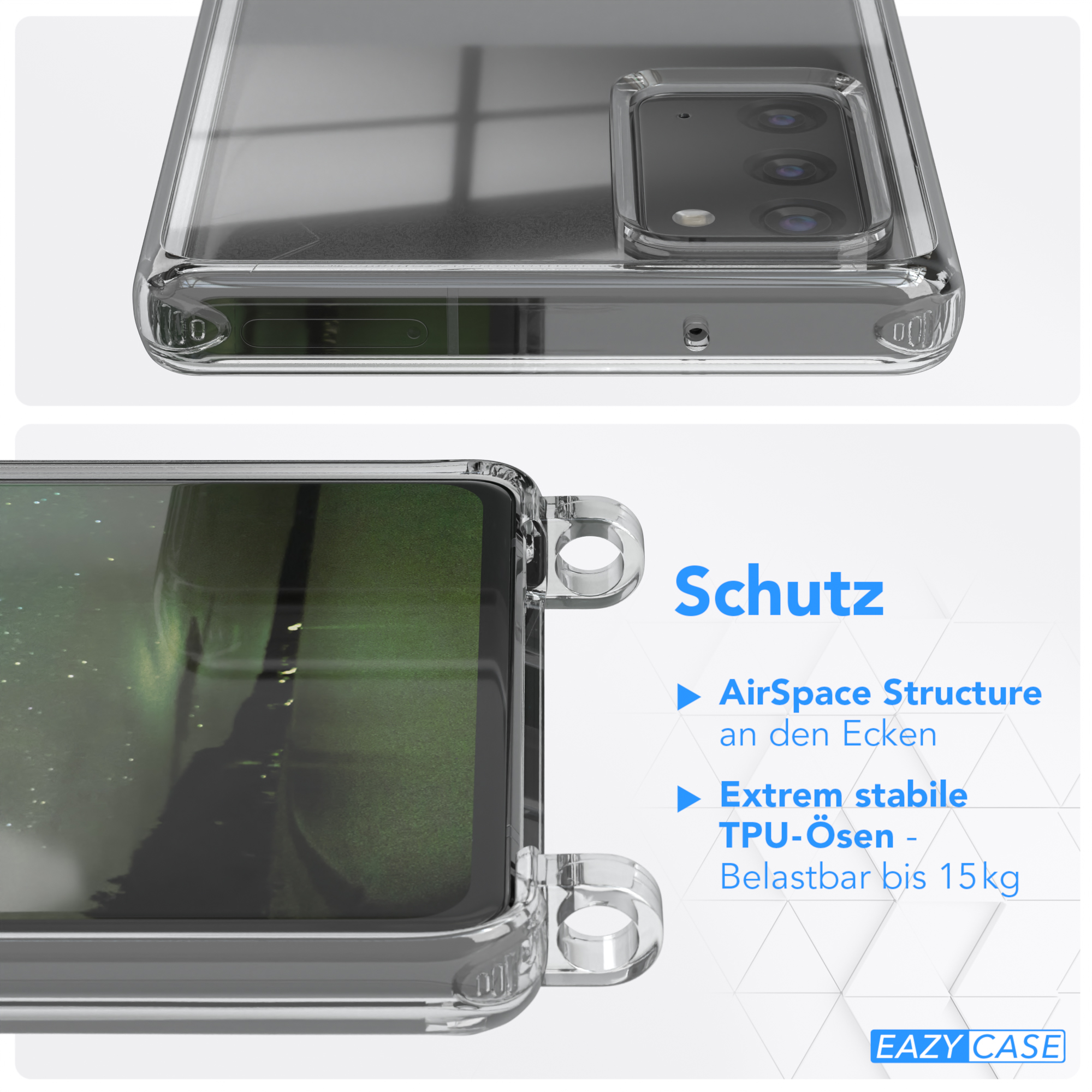 EAZY CASE Transparente Handyhülle 5G, Umhängetasche, Kordel 20 Gold Karabiner, breiter Grün mit Note Note Samsung, / + Dunkel Galaxy / 20
