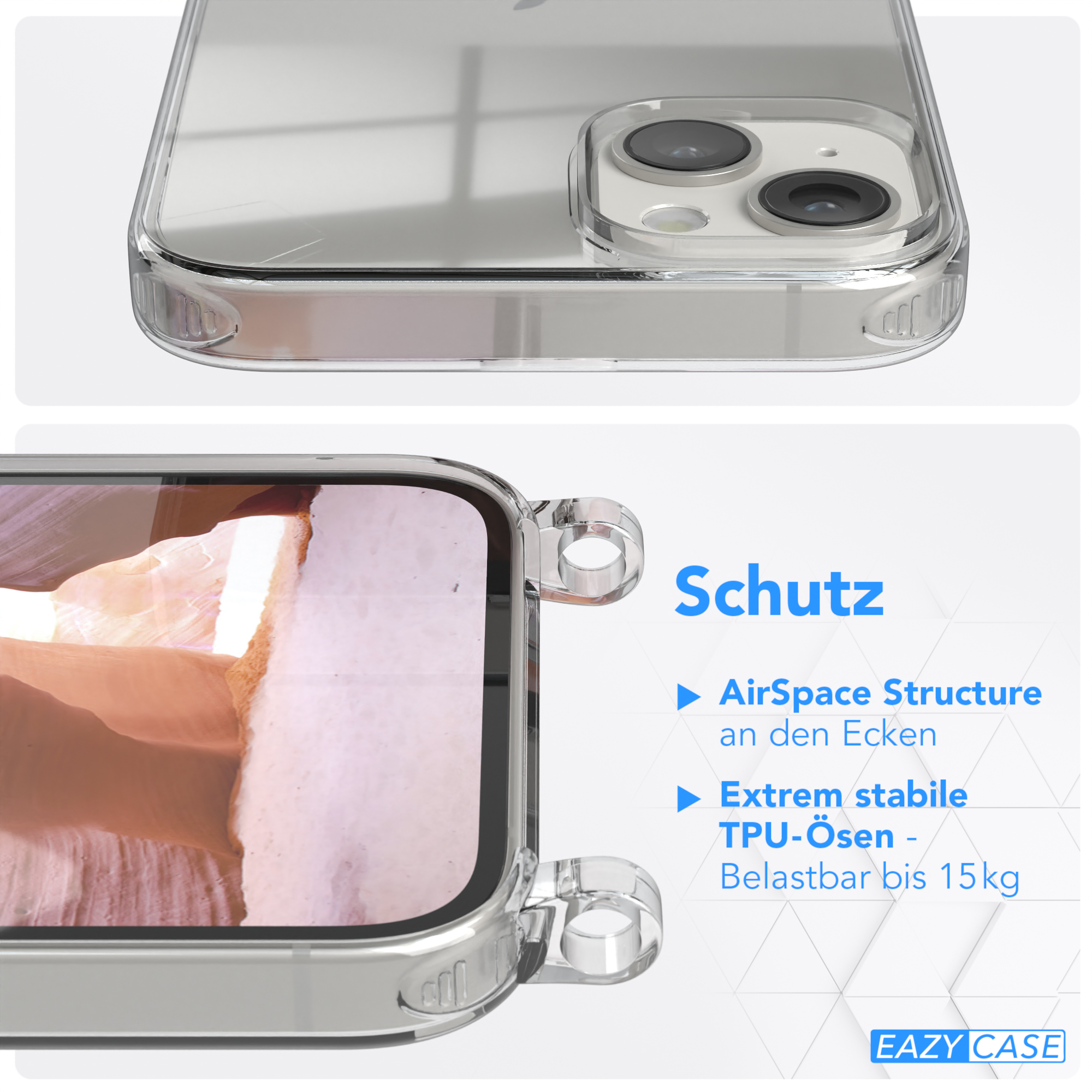 Nahaufnahme einer Handyhülle. Die Hülle ist transparent mit einem transparenten Telefon, mit Text über Schutz.
