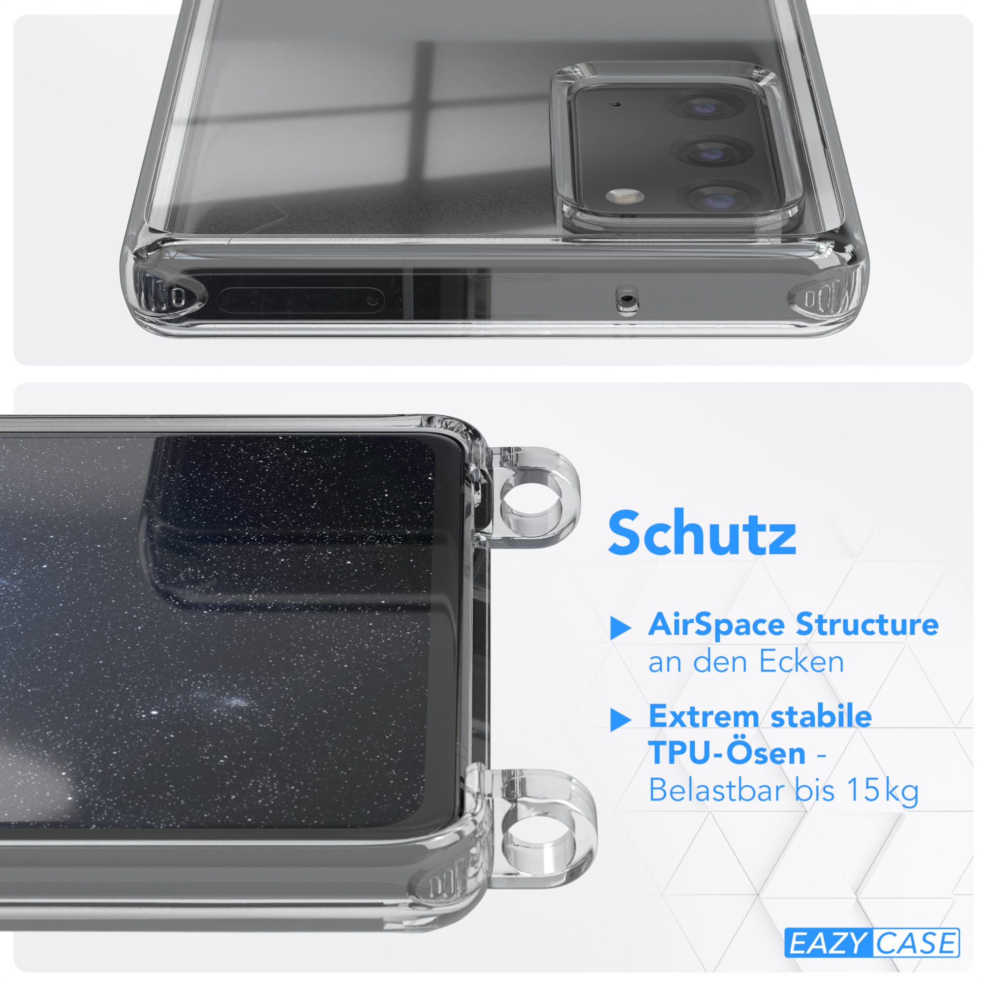 EAZY CASE Transparente Galaxy mit Karabiner, Note 20 5G, + / breiter 20 Umhängetasche, Dunkel Samsung, Blau Handyhülle Kordel Gold / Note
