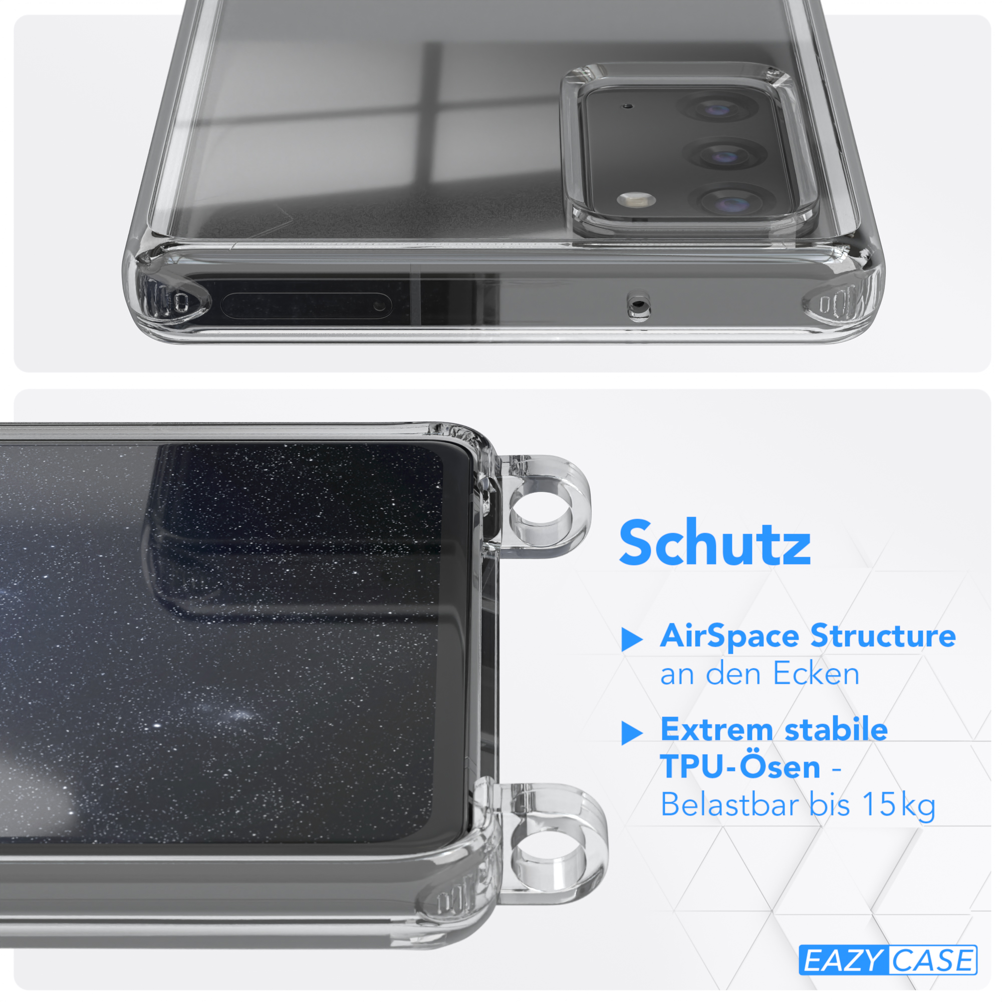 Transparente Handyhülle. Text: AirSpace Structure, TPU-Ösen, belastbar 15kg. Telefon mit Galaxie-Bild im Case.