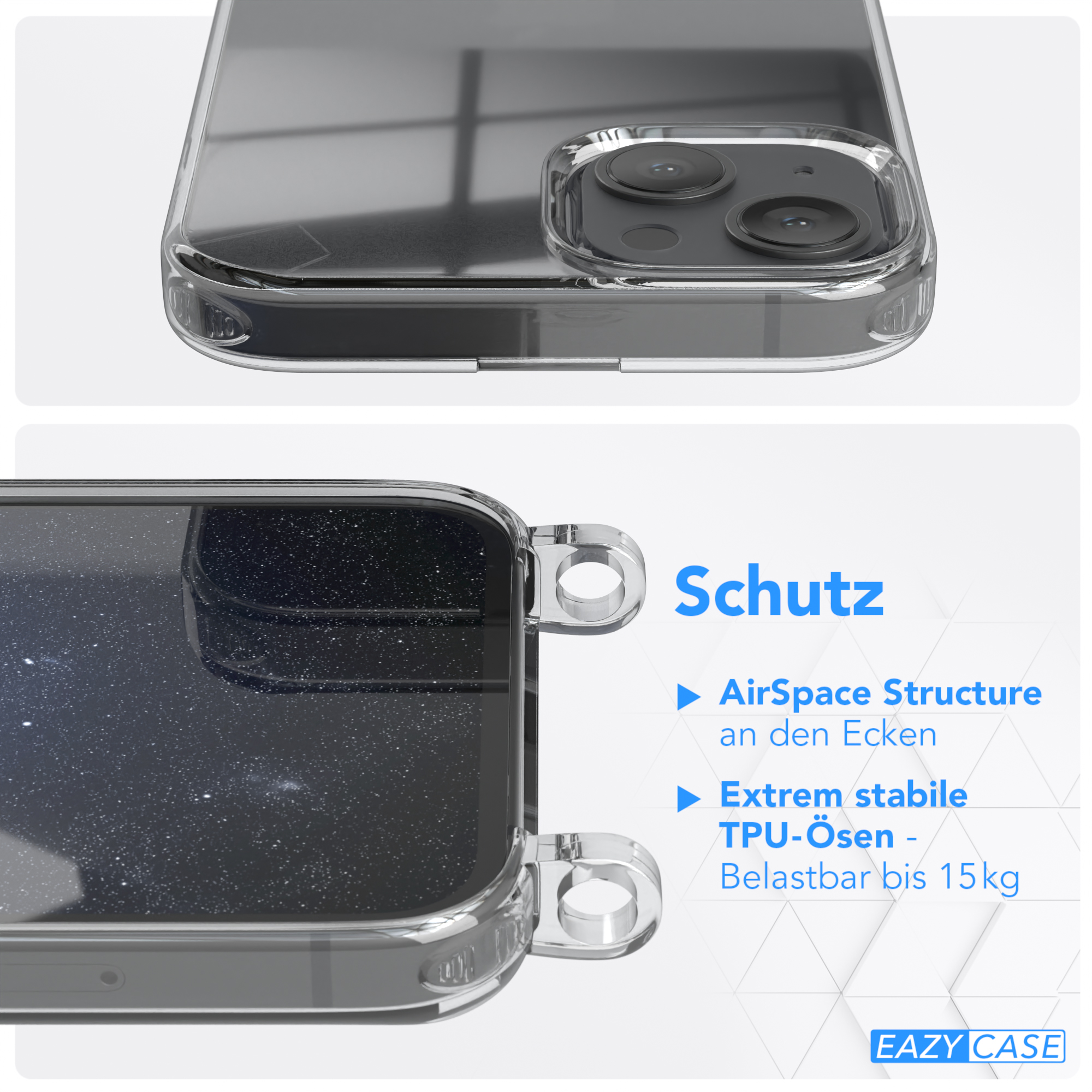 Eine transparente Handyhülle mit einem Case und einem Displayschutz, die das Design des Telefons zeigt.