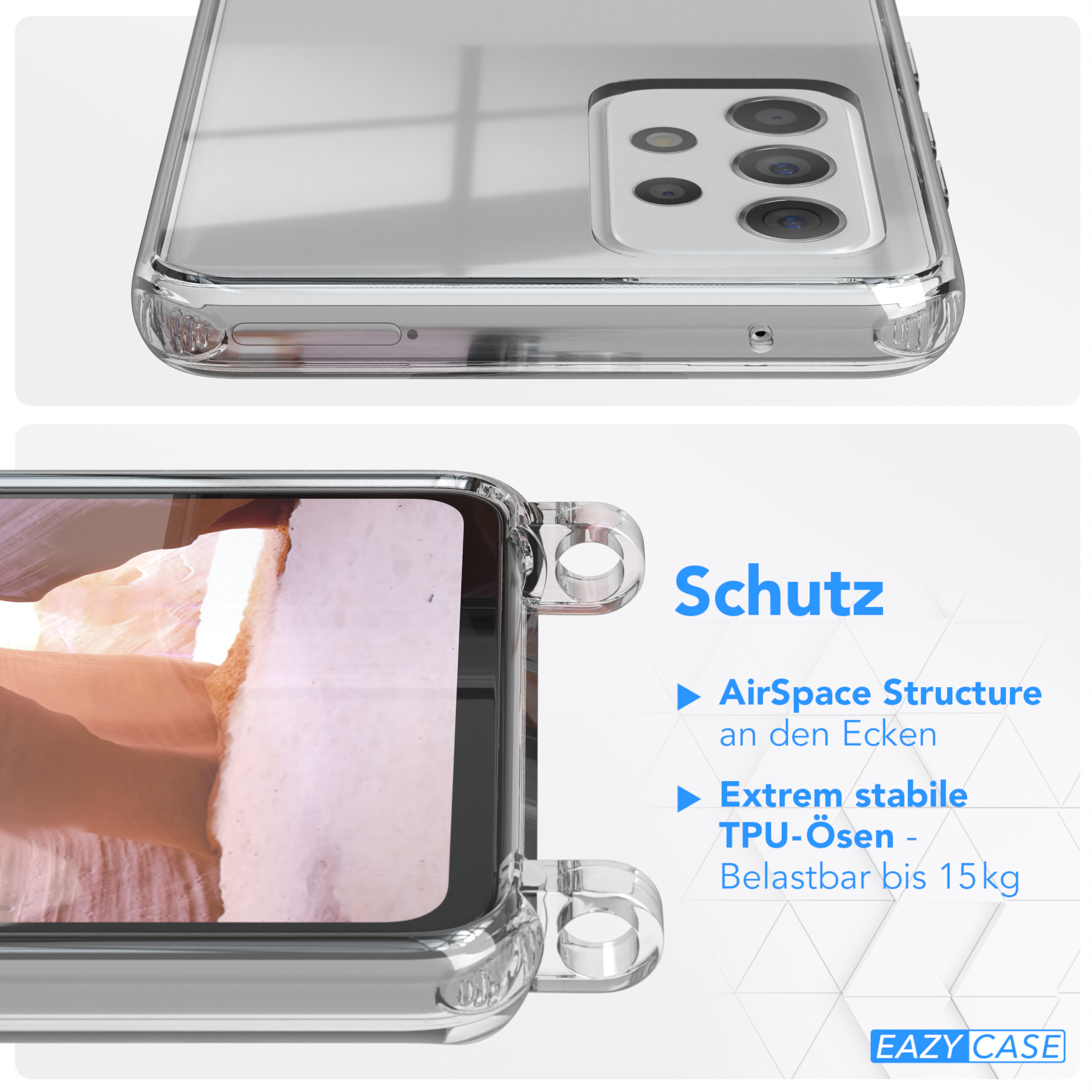 Eine klare Handyhülle auf einem Telefon. Text lautet Schutz. AirSpace-Struktur, stabiles TPU, 15 kg Belastung.