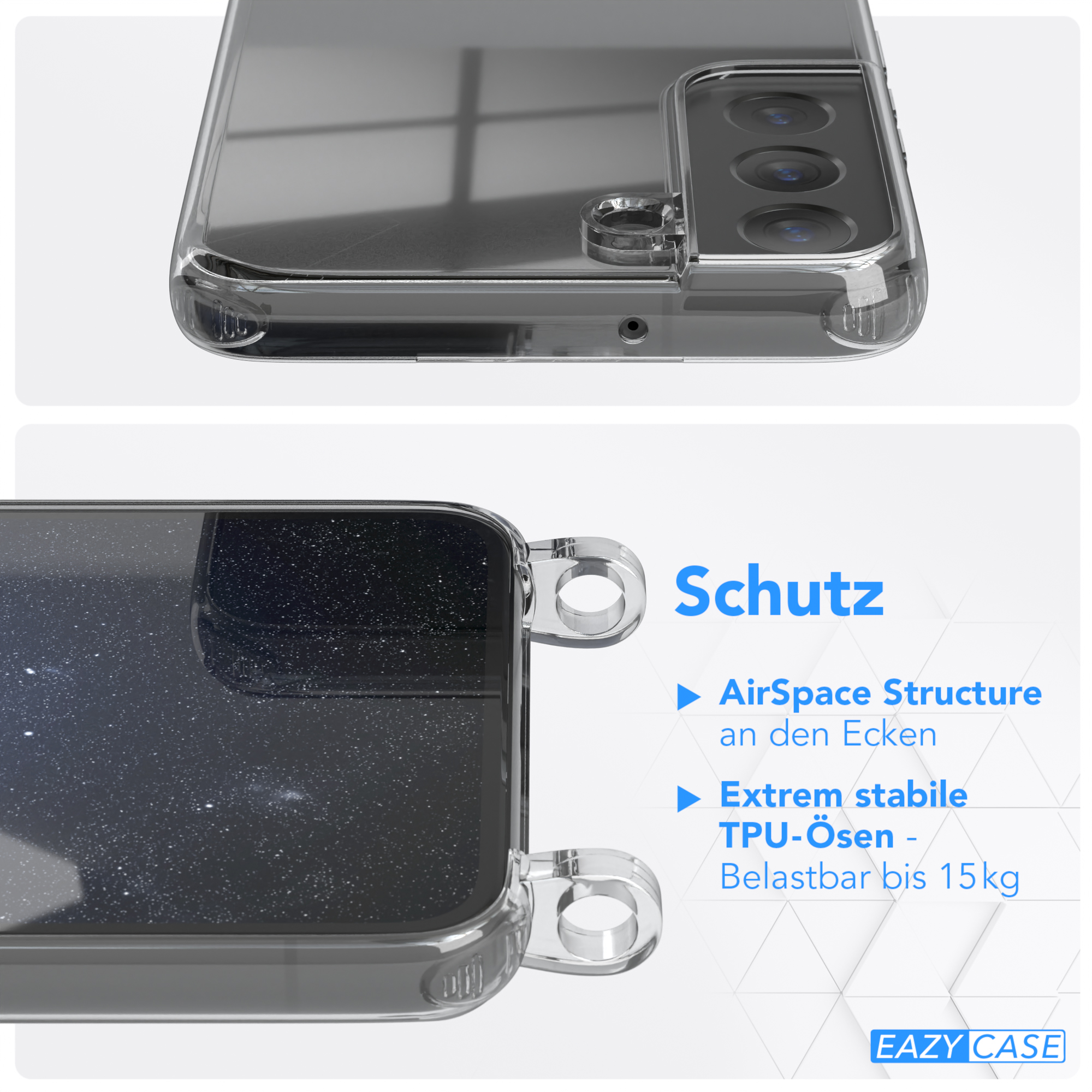 Transparente Handyhülle, mit strukturellen Details und Produktinformationen.