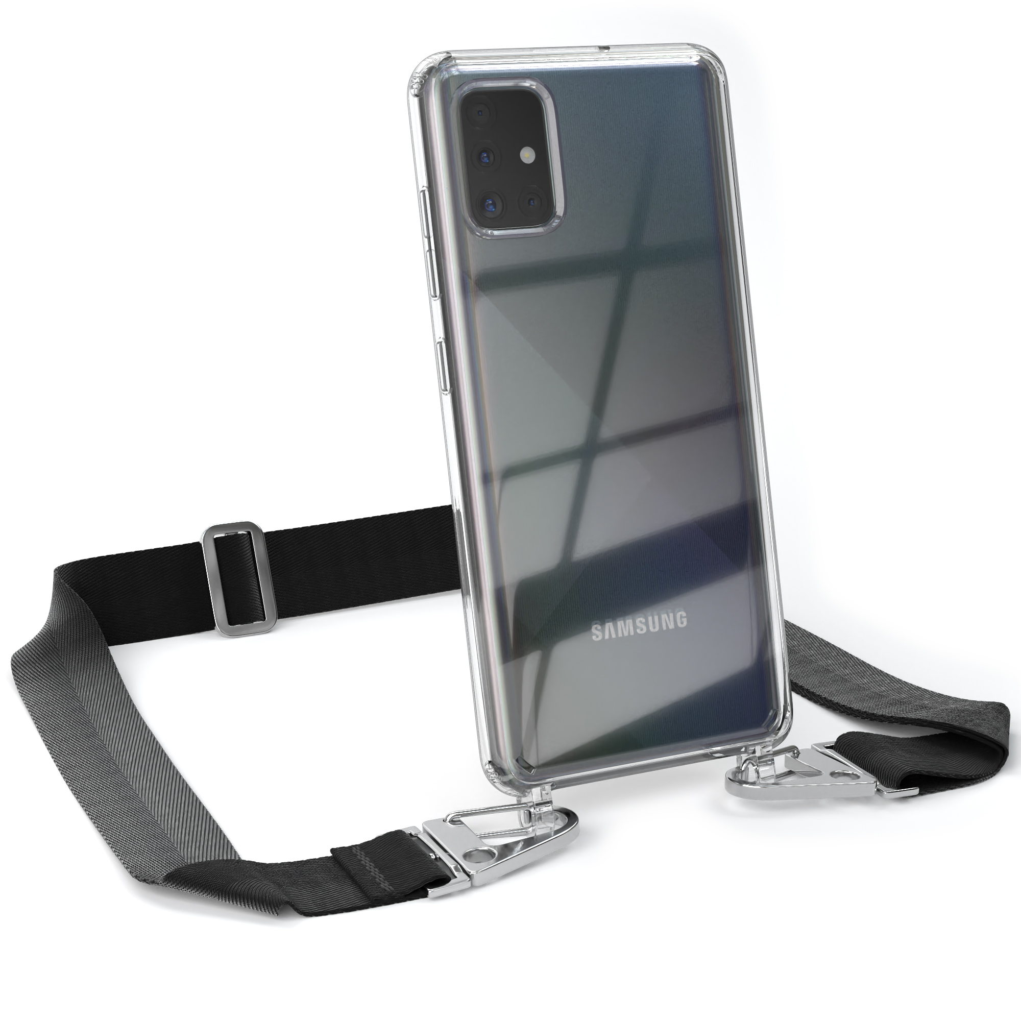 Transparente Handyhülle mit schwarzem Riemen, an Samsung-Telefon befestigt.
