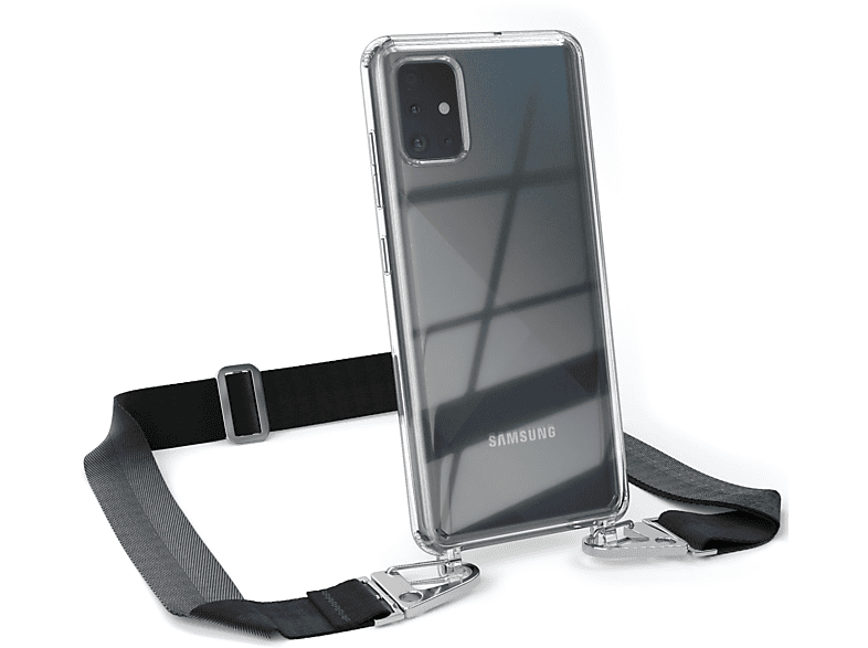 EAZY CASE Transparente Handyhülle mit breiter Kordel + Karabiner, Umhängetasche, Samsung, Galaxy A51, Schwarz / Silber