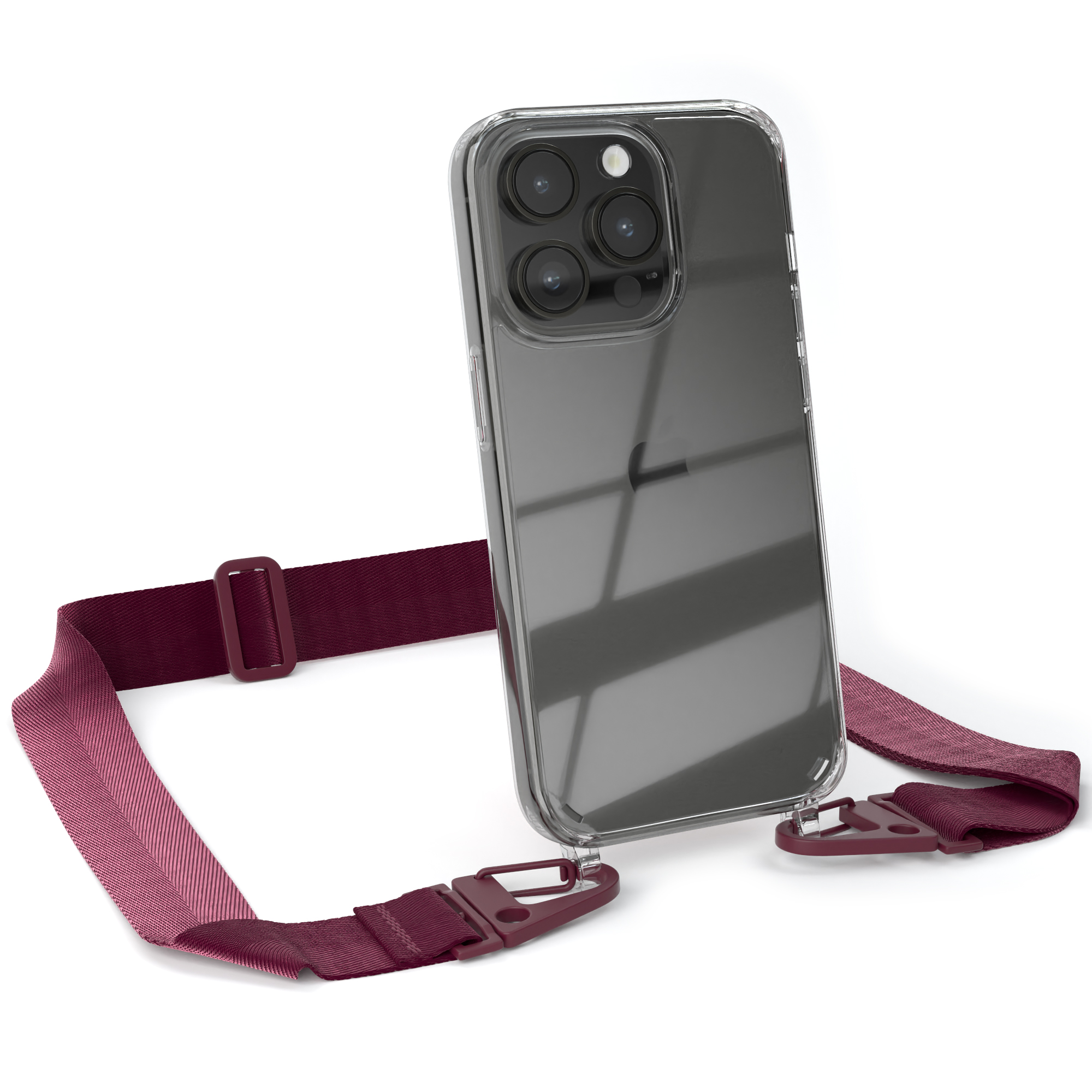 Transparente Handyhülle mit weinrotem Gurt, goldener Hardware und iPhone.