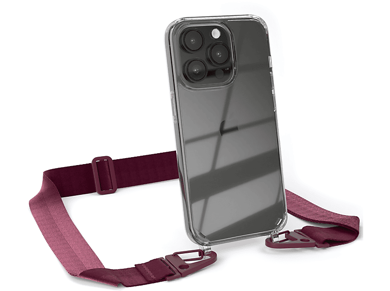 EAZY CASE Transparente Handyhülle mit breiter Kordel + Karabiner, Umhängetasche, Apple, iPhone 14 Pro, Rot Beere / Burgundy