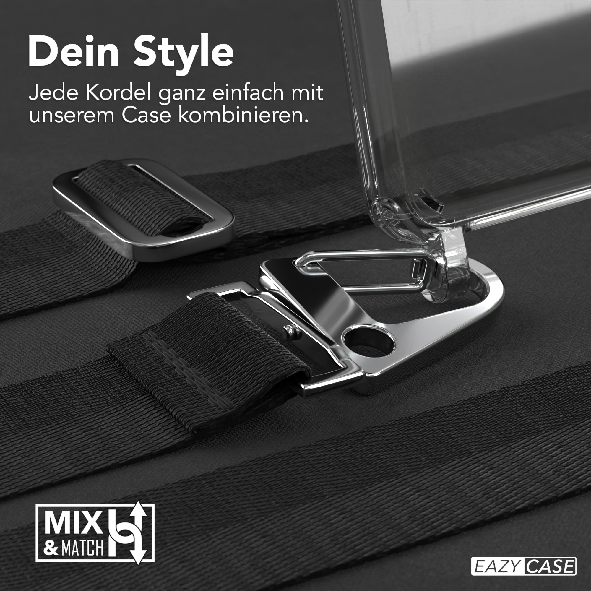 Nahaufnahme einer Handyhülle mit Riemen und Metallverschluss an einem schwarzen Riemen.