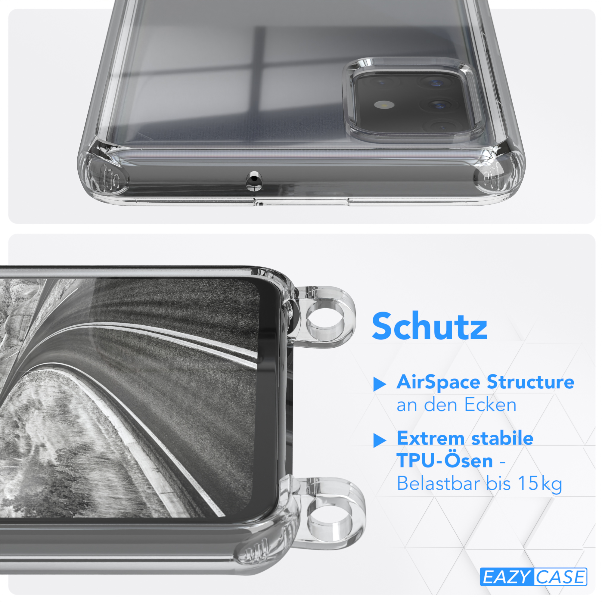 Klare Handyhülle auf einem Handy. Text: 'AirSpace Structure' und 'TPU-ösen'.
