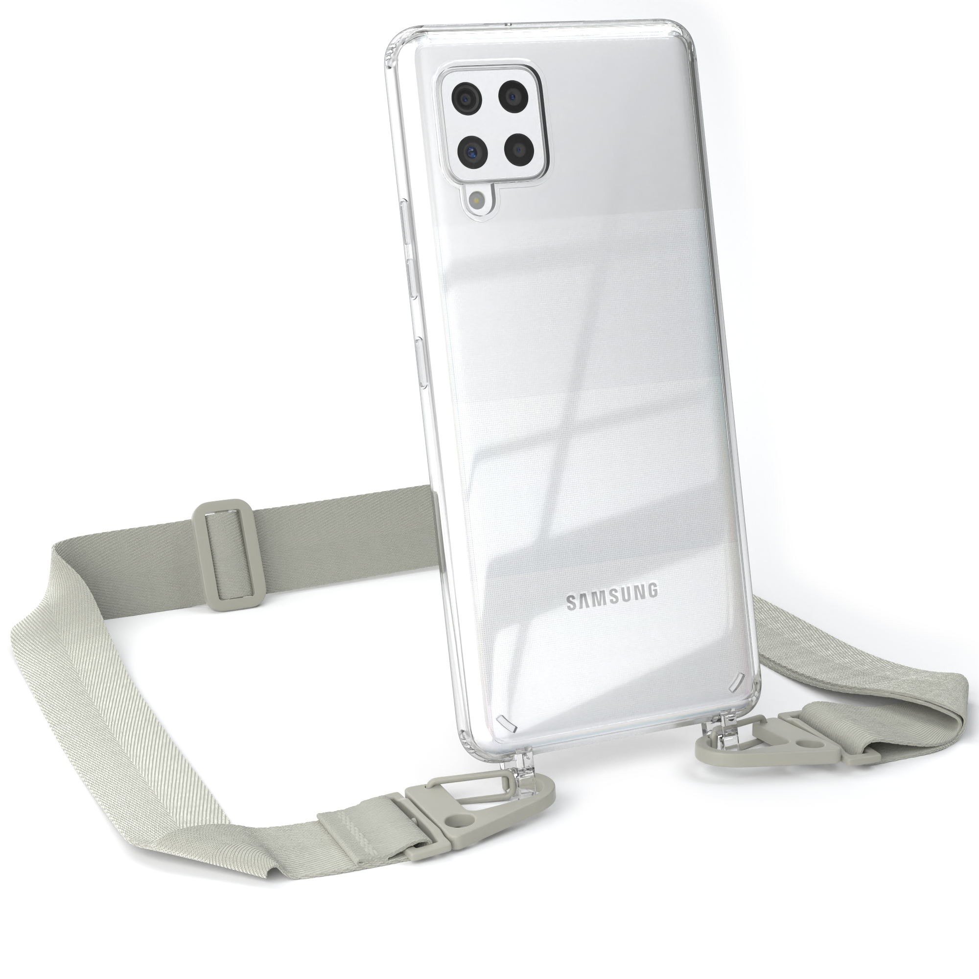 Transparente Handyhülle mit hellgrauem Riemen. Das Telefon ist schwarz, weißer Hintergrund.