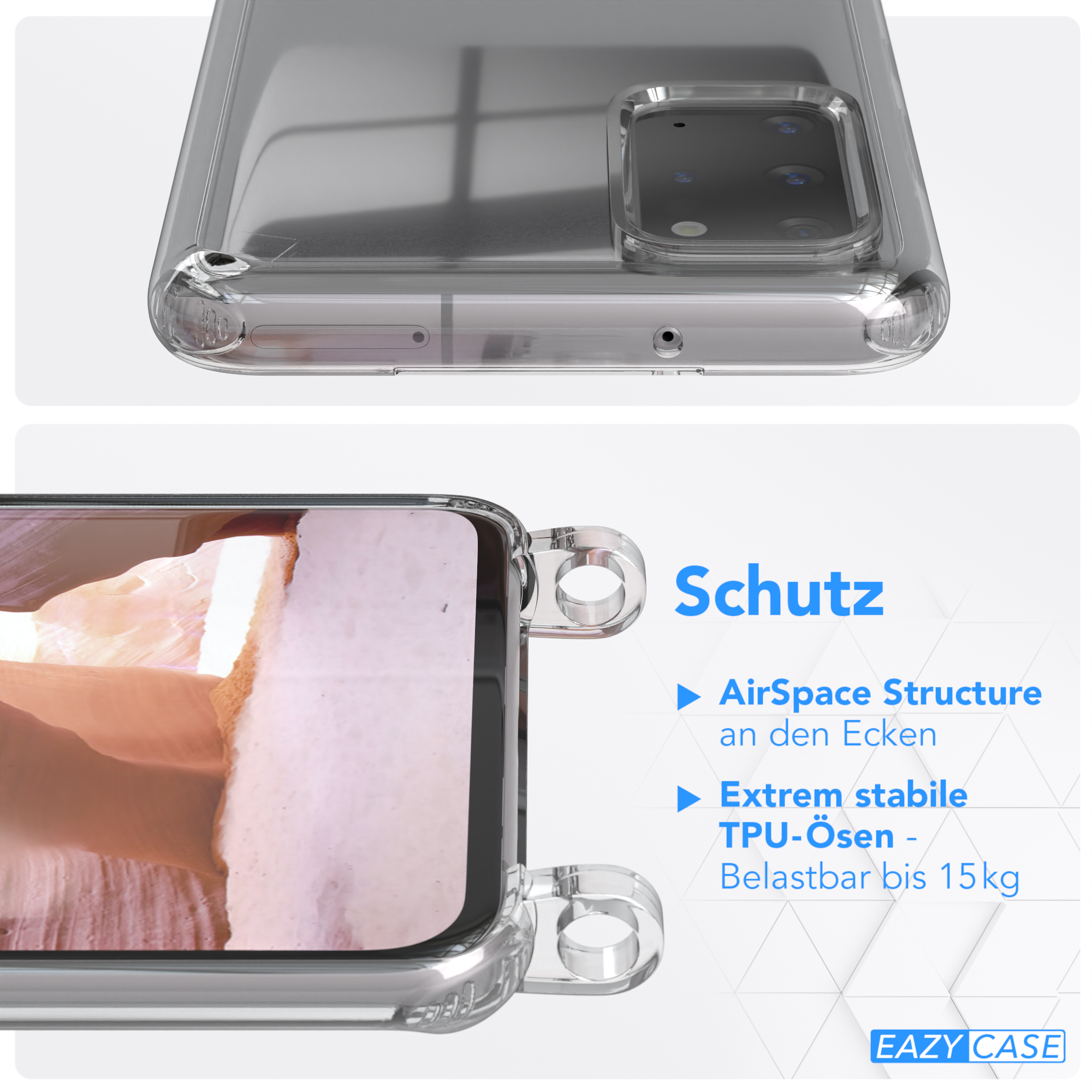 S20 S20 Plus EAZY 5G, / Coral Altrosa Transparente Handyhülle breiter Kordel + Umhängetasche, CASE Plus Samsung, / Galaxy Karabiner, mit