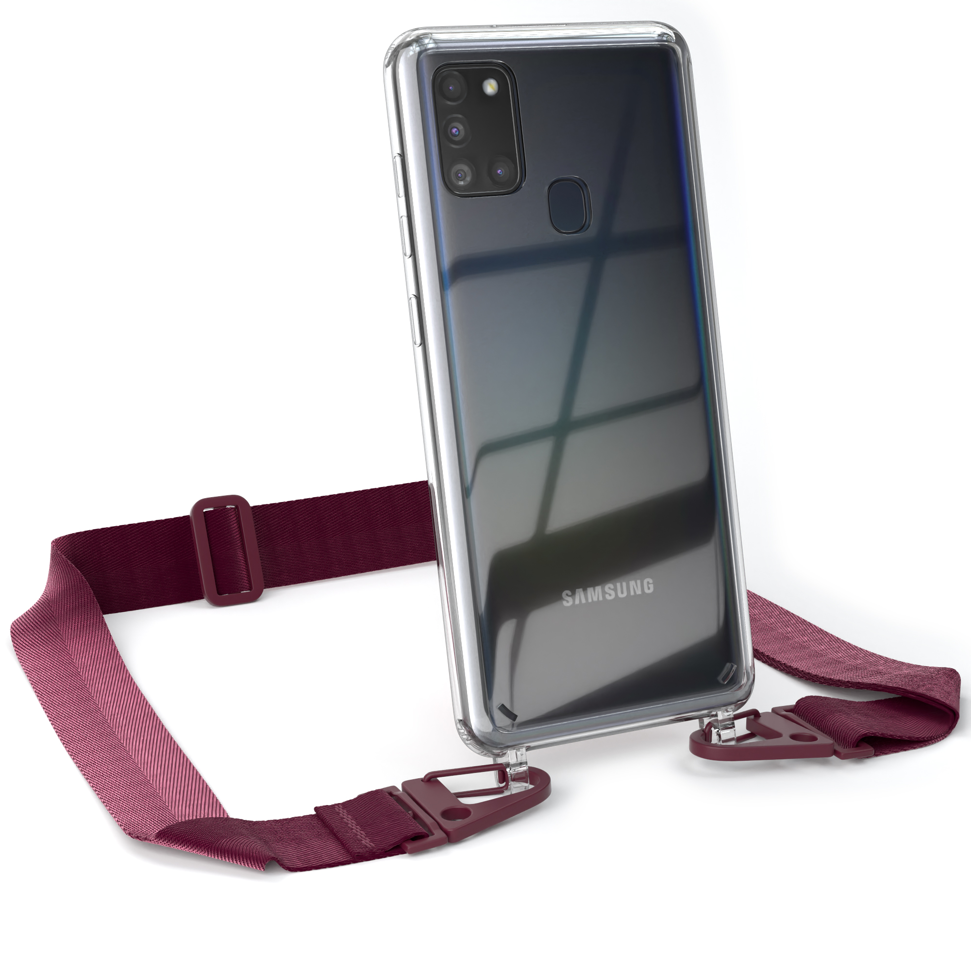 Handyhülle Samsung, Beere + Transparente EAZY Galaxy Karabiner, CASE Rot A21s, Burgundy Umhängetasche, breiter mit / Kordel