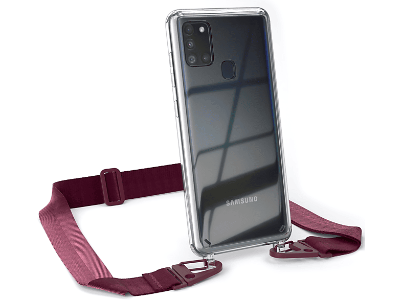 Handyhülle Samsung, Beere + Transparente EAZY Galaxy Karabiner, CASE Rot A21s, Burgundy Umhängetasche, breiter mit / Kordel