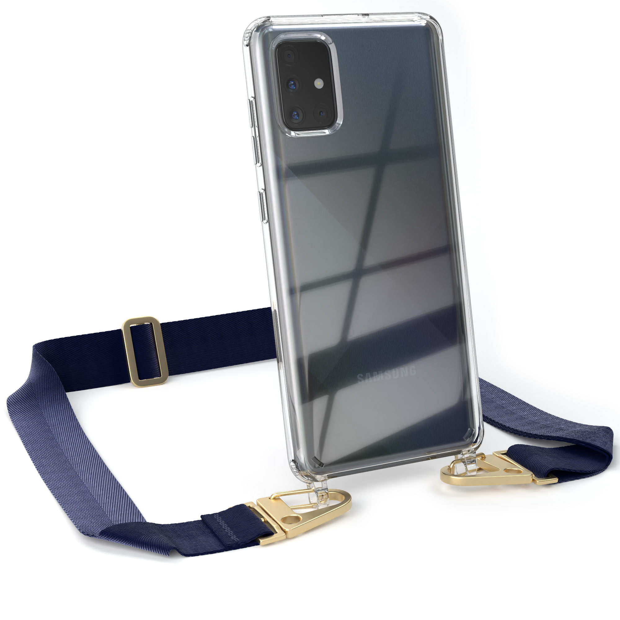EAZY CASE Umhängetasche, Transparente Galaxy breiter A71, + Karabiner, / Samsung, Blau mit Dunkel Handyhülle Kordel Gold