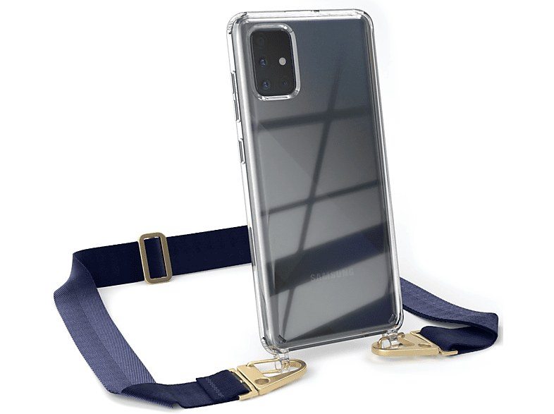 EAZY CASE Transparente Handyhülle mit breiter Kordel + Karabiner, Umhängetasche, Samsung, Galaxy A71, Dunkel Blau / Gold