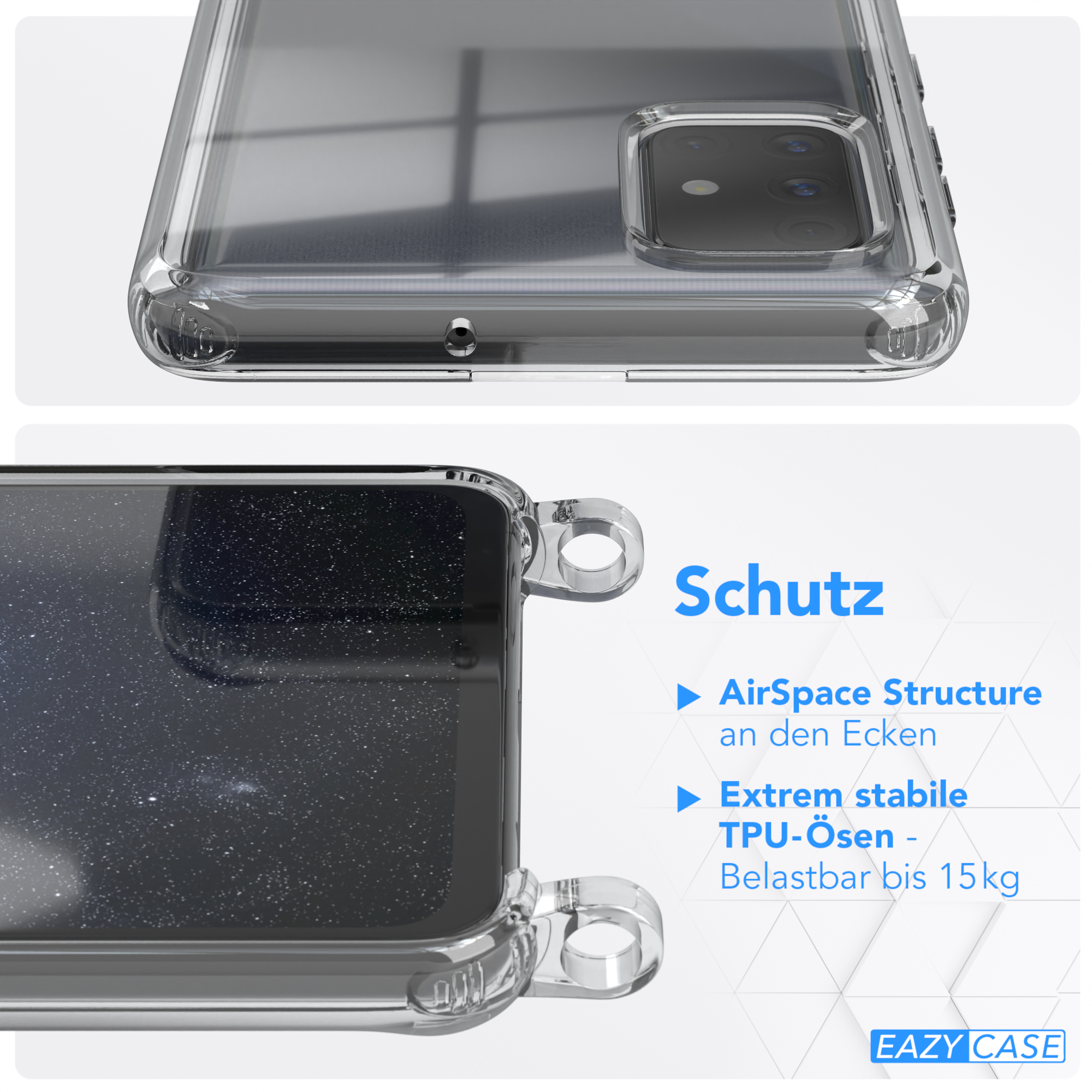 EAZY CASE Transparente Handyhülle Gold Samsung, + Dunkel Umhängetasche, Galaxy mit Karabiner, Kordel Blau breiter A71, 