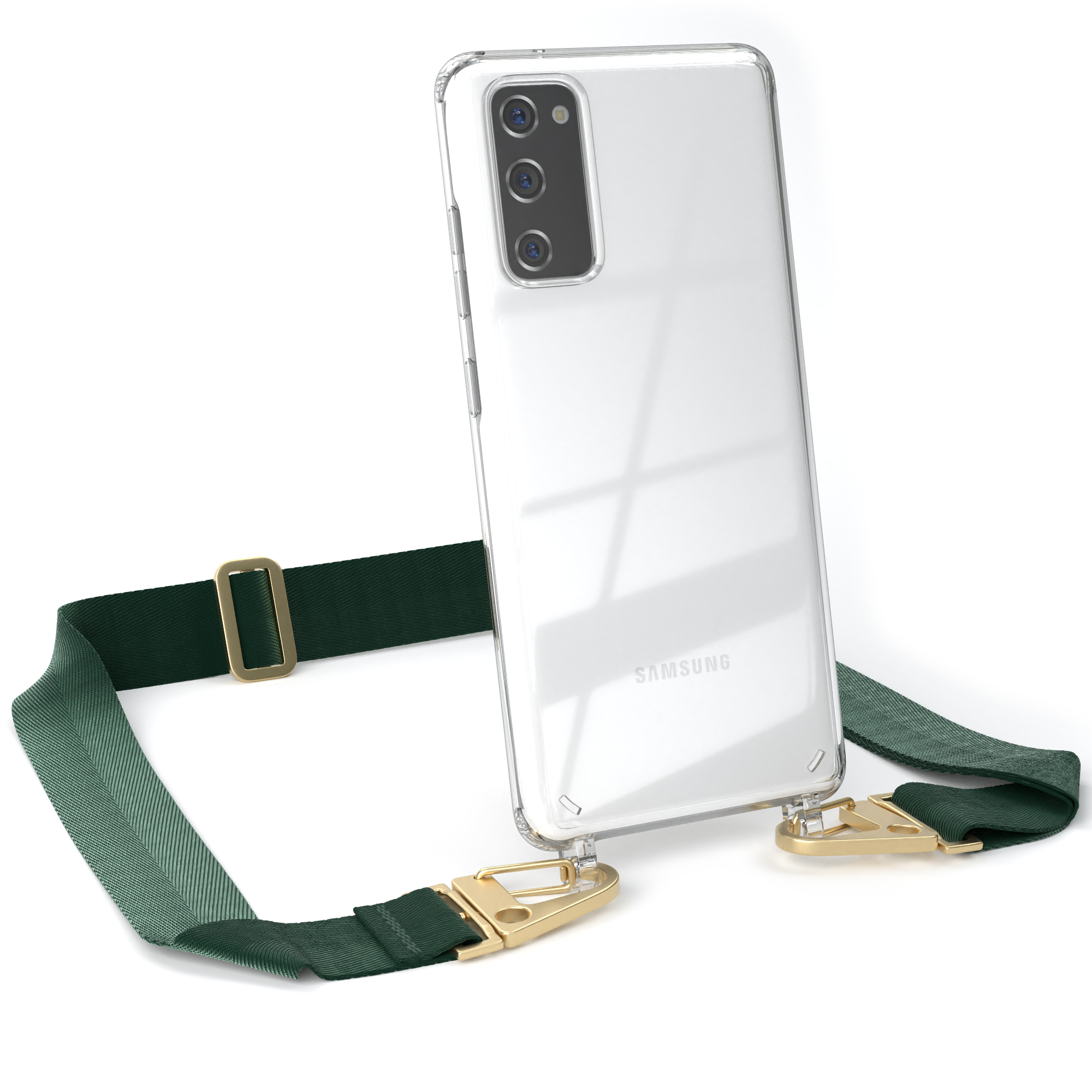 EAZY CASE Handyhülle Kordel breiter Galaxy Grün S20, Umhängetasche, Dunkel mit Gold Karabiner, / + Samsung, Transparente