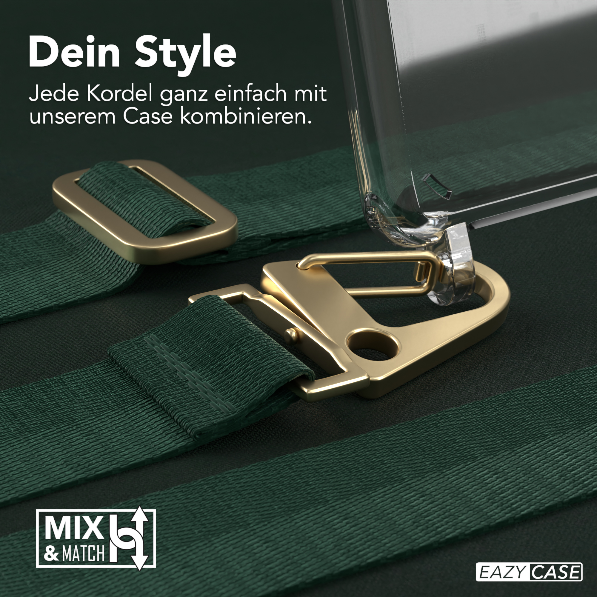 Nahaufnahme eines grünen Riemens mit goldener Schnalle und Handyhülle.