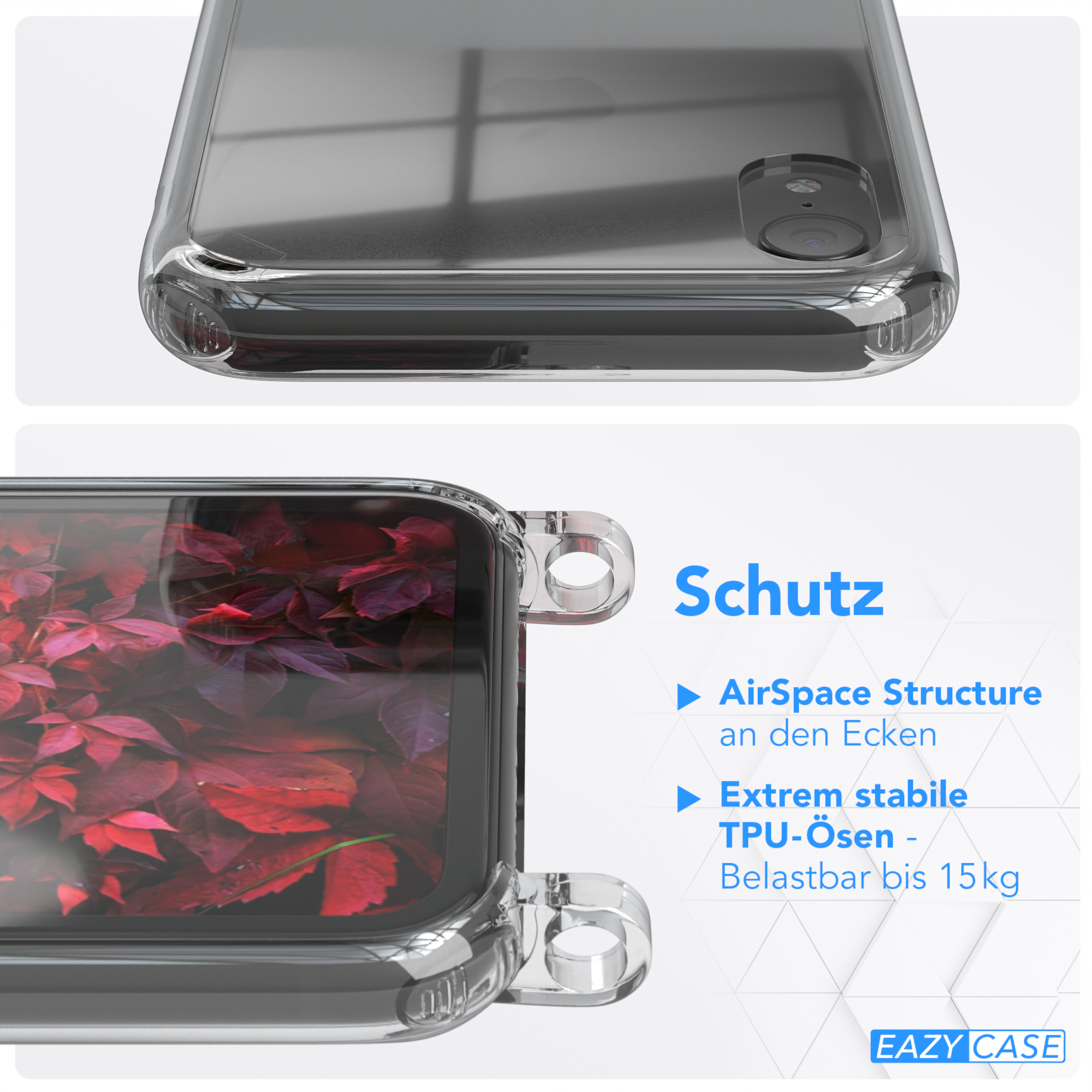 Nahaufnahme einer klaren Handyhülle mit Text über AirSpace Structure und TPU-Ösen.
