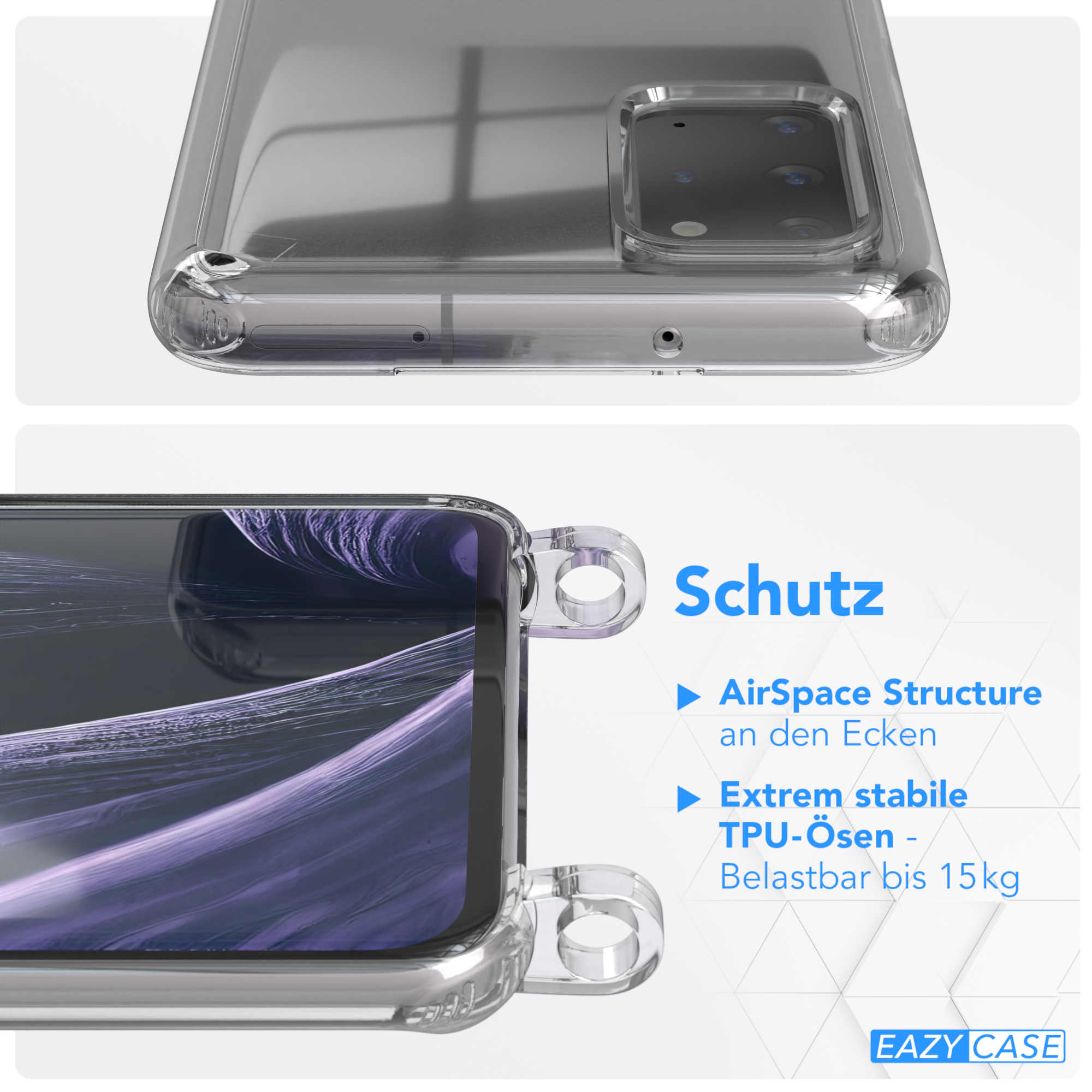EAZY CASE Transparente mit + Karabiner, Kordel Gold S20 Samsung, S20 5G, Handyhülle / Plus Umhängetasche, Flieder Galaxy / breiter Plus