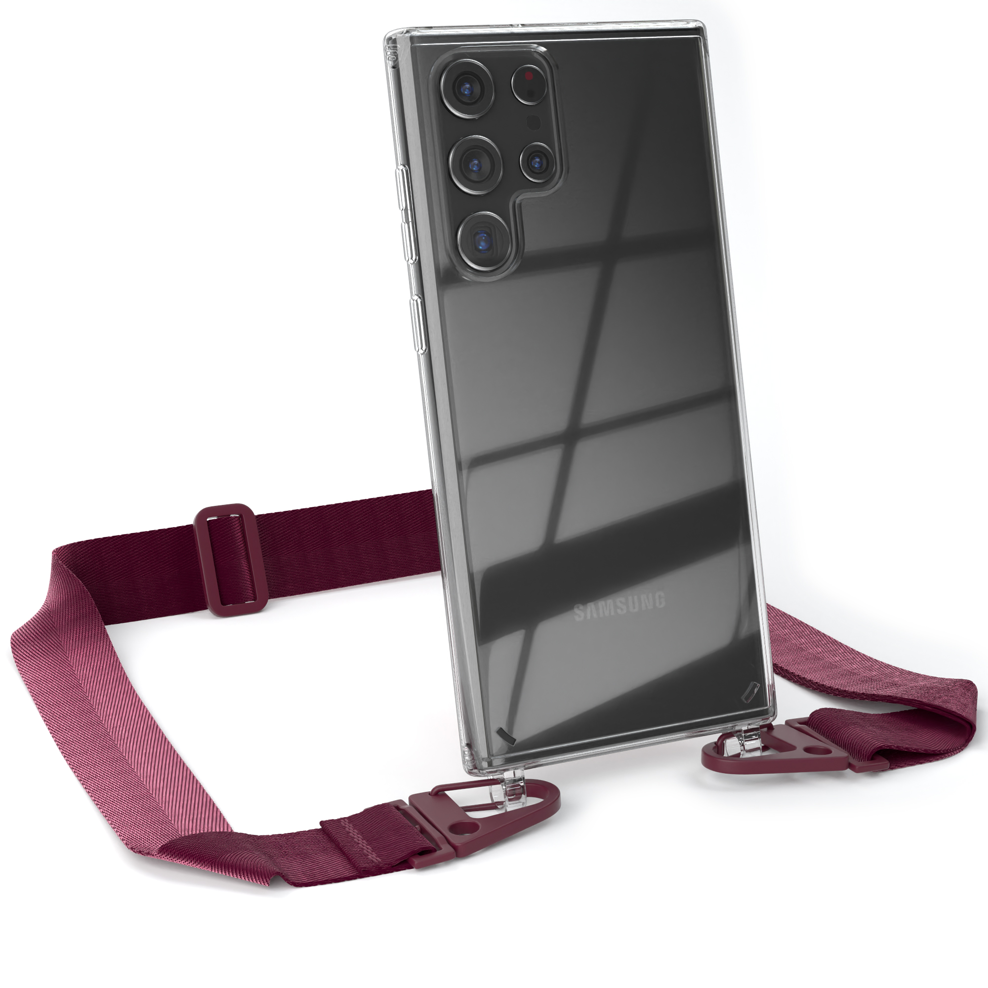 Telefon in klarer Hülle mit weinrotem Riemen. Weißer Hintergrund.