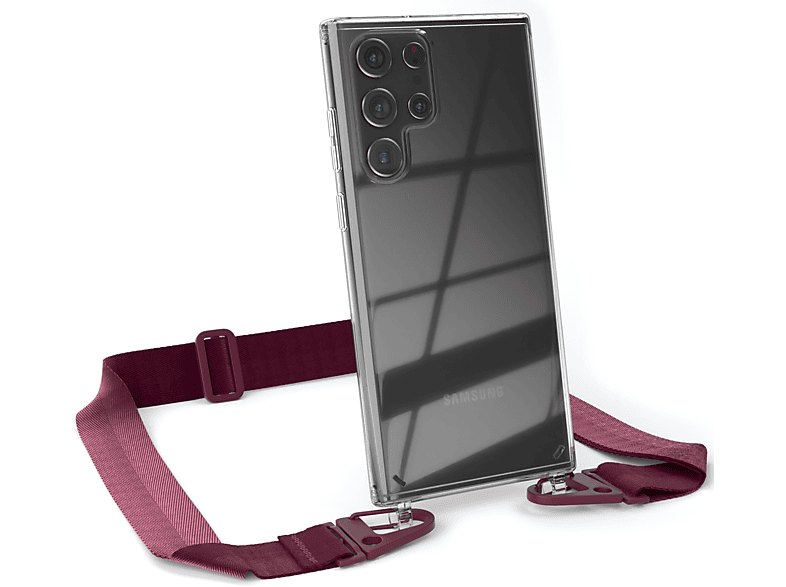 EAZY CASE S22 Karabiner, Beere mit Handyhülle Umhängetasche, + Samsung, Ultra Burgundy 5G, breiter Galaxy Transparente / Kordel Rot