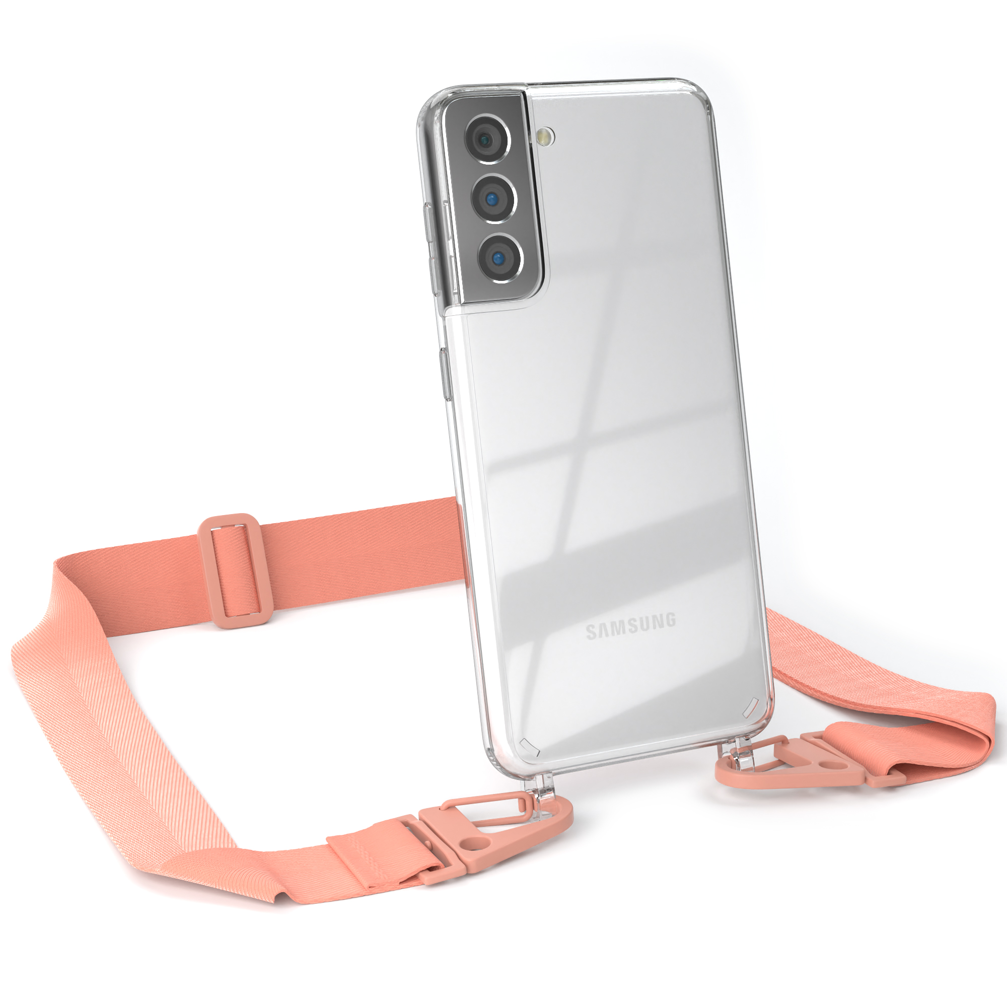 Transparente Handyhülle mit rosa Band und Verschlüssen, an einem Samsung-Telefon.