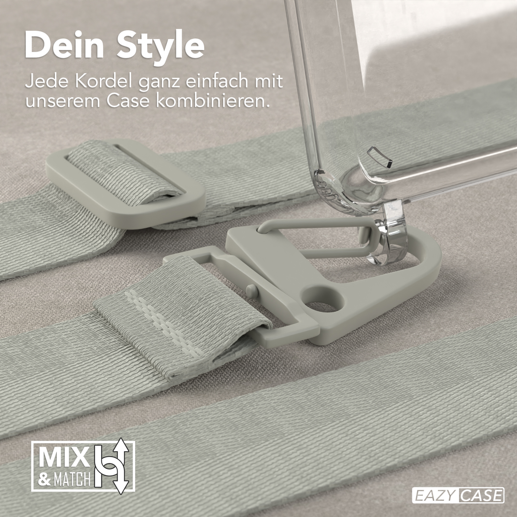 Grauer Telefonriemen und Hülle mit Verschluss. Textüberlagerung: Mix & Match und Eazy Case.