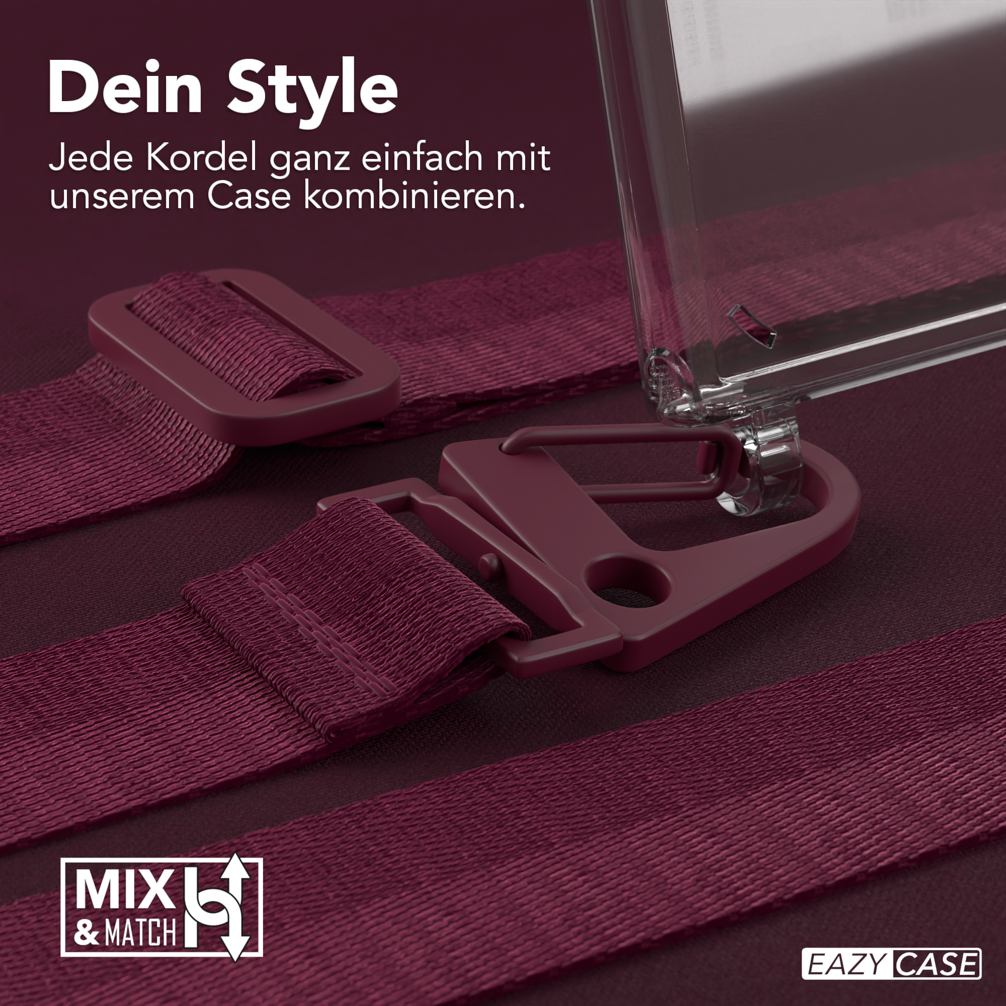 Nahaufnahme einer Handyhülle mit weinrotem Riemen und Hardware.