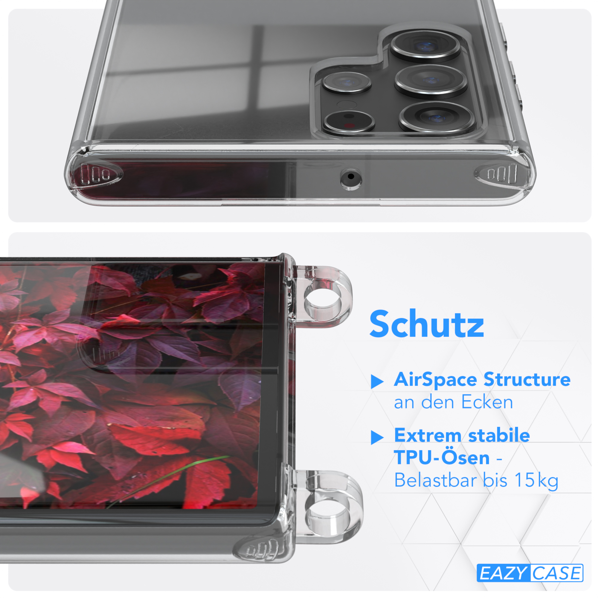 Transparente Handyhülle mit Telefon und Banner mit Text über Schutzfunktionen.