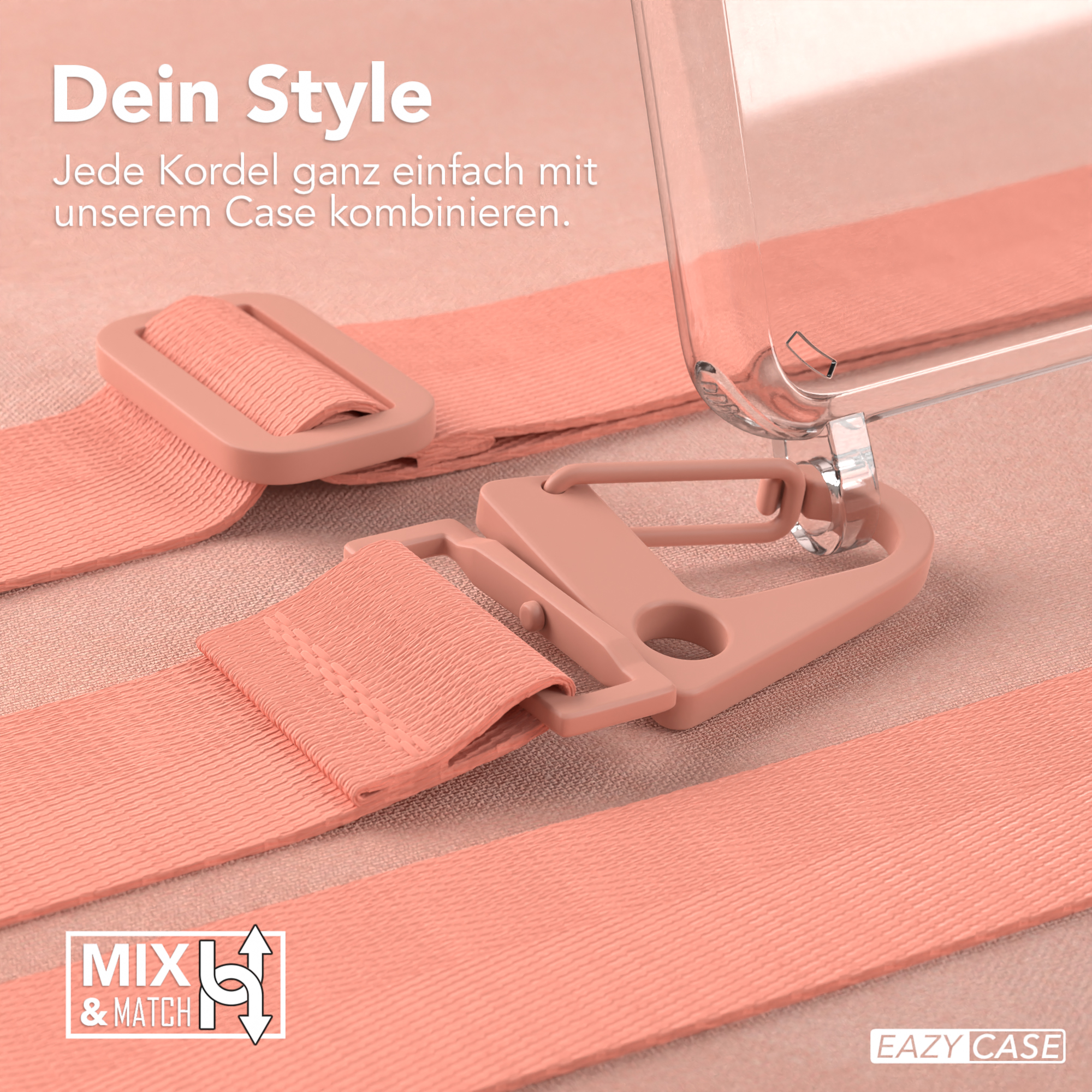 Nahaufnahme einer Handyhülle mit rosa Trägern und einem 'Mix & Match'-Symbol.
