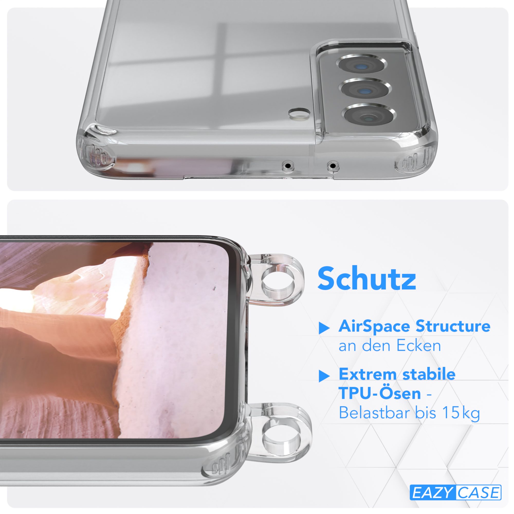 mit 5G, Kordel EAZY + Altrosa Transparente Karabiner, CASE breiter S21 Galaxy Handyhülle Samsung, Coral Umhängetasche, /