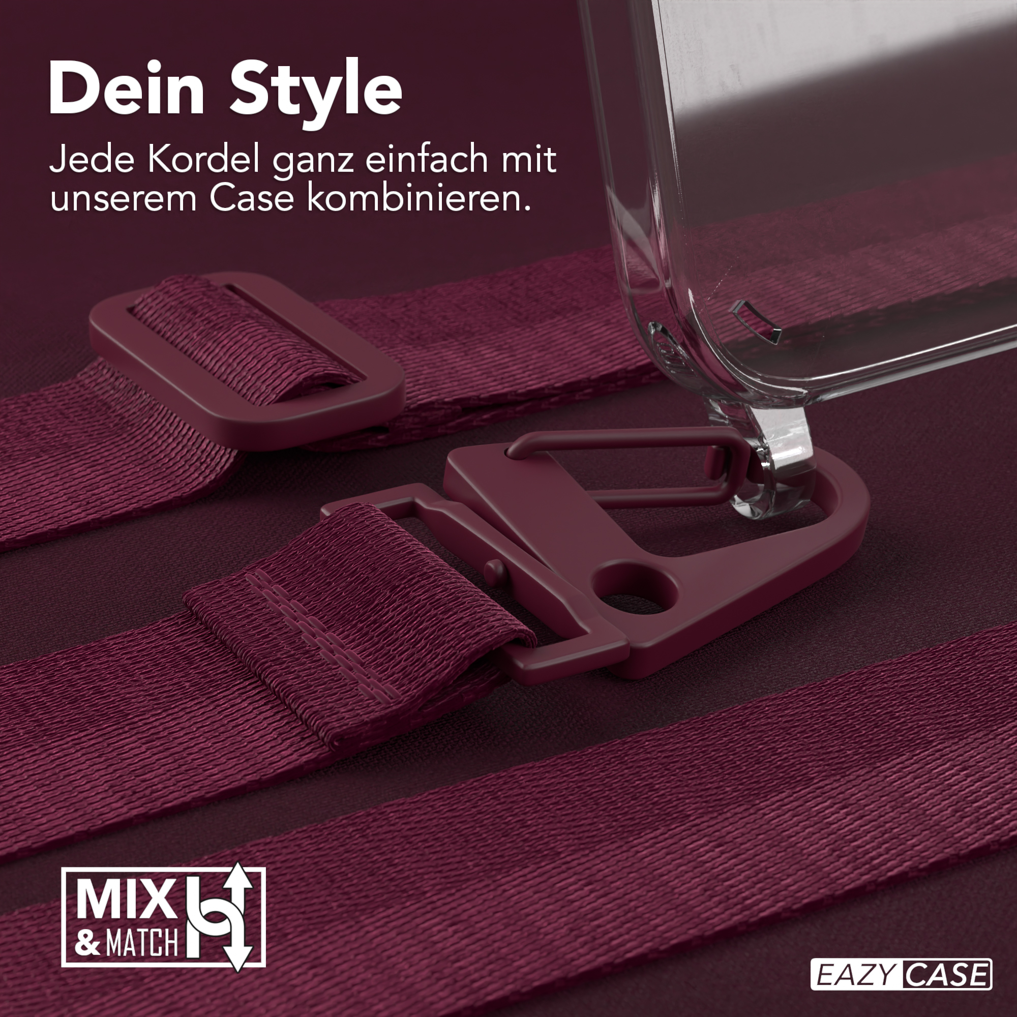 Nahaufnahme der Handyhülle mit Gurtbefestigungen. Text: Dein Style, kombiniere mit unserer Hülle, MXL & MATCH, Eazy Case.