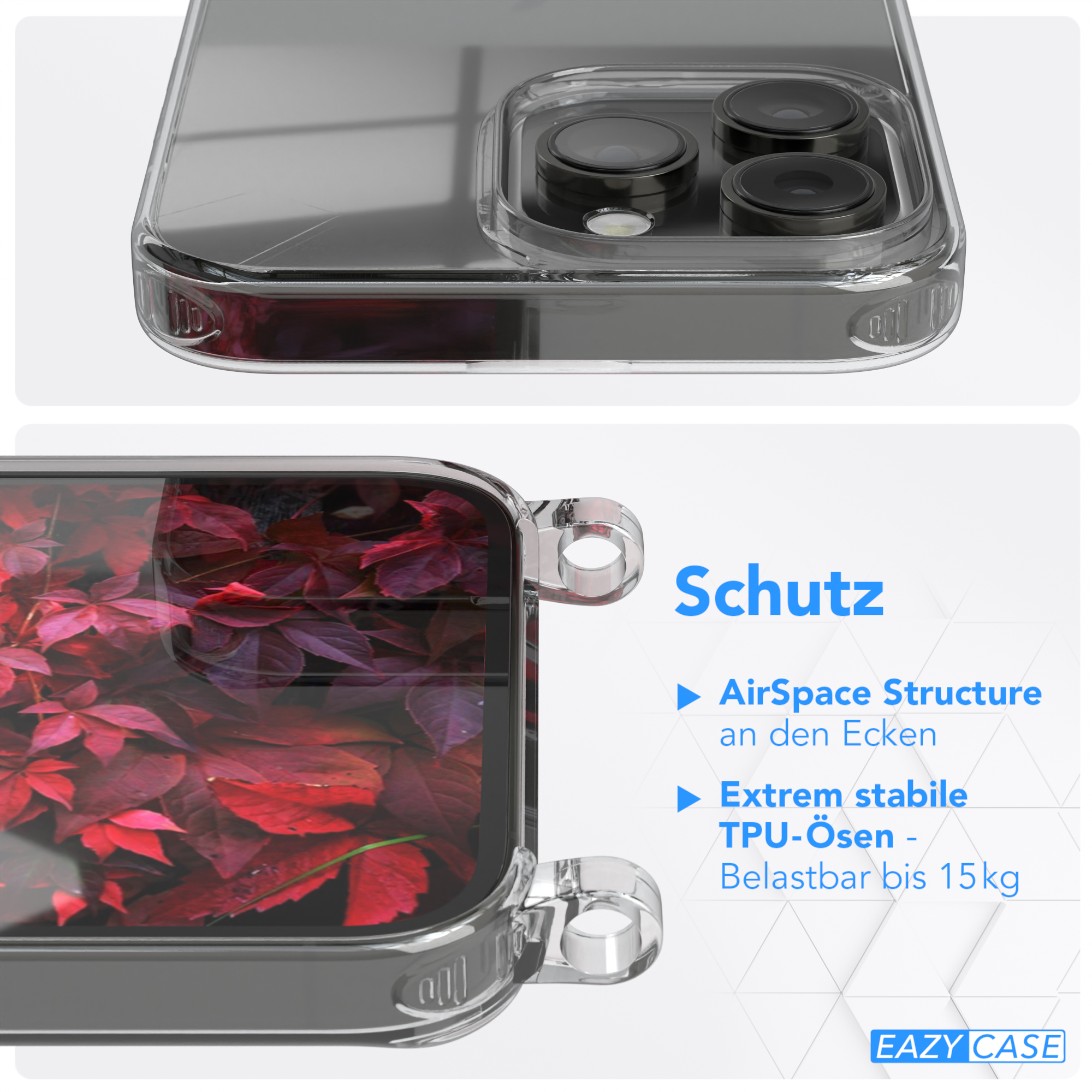 Apple, Karabiner, Umhängetasche, Handyhülle Max, breiter iPhone Pro Kordel Rot mit EAZY Transparente CASE 14 Burgundy Beere / +