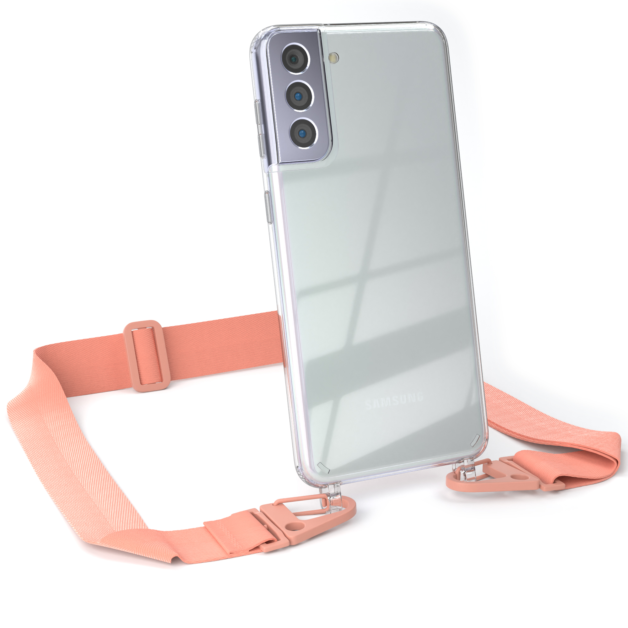 EAZY CASE Transparente Handyhülle Samsung, Coral Plus breiter mit S21 Umhängetasche, Altrosa Kordel Karabiner, + Galaxy / 5G