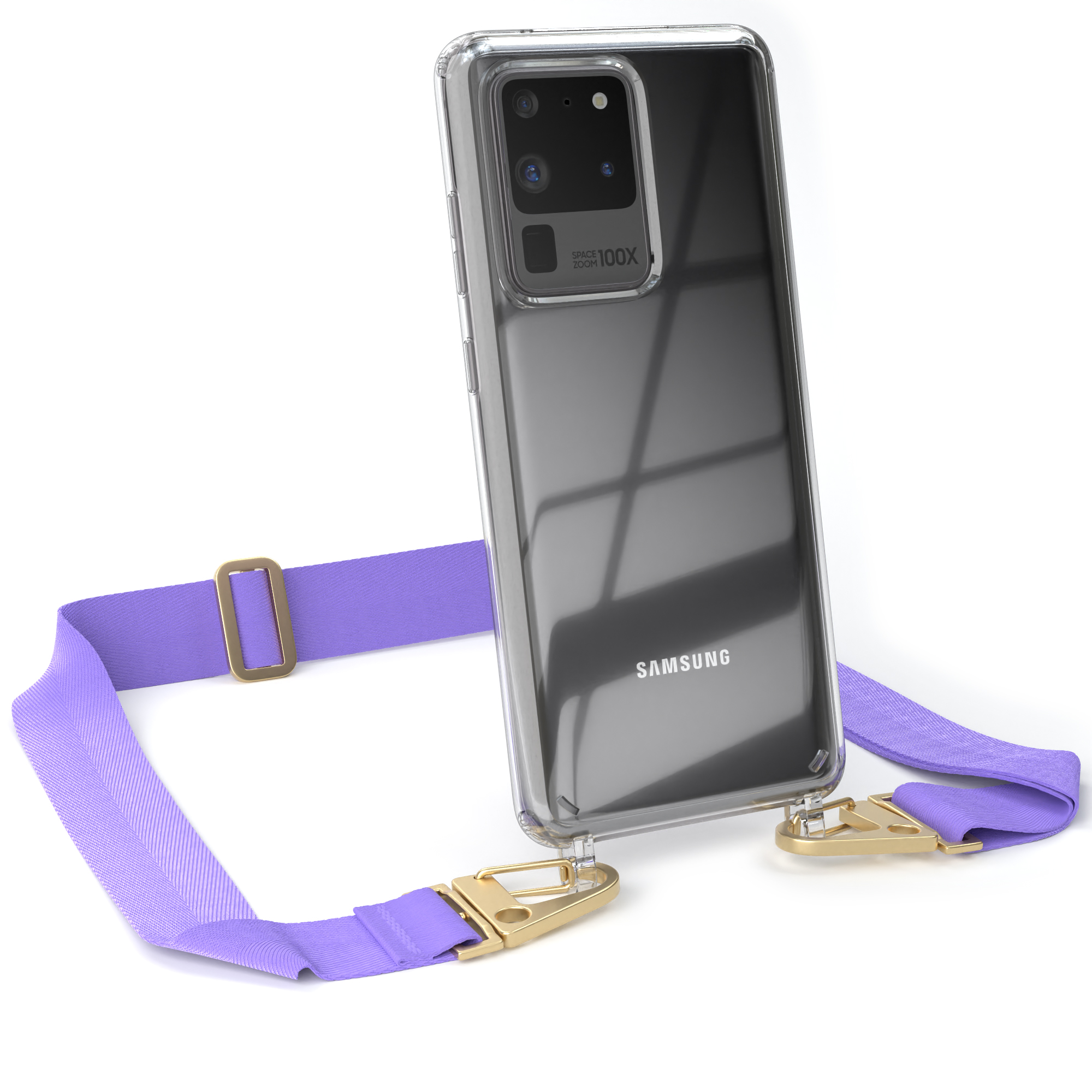 EAZY CASE Transparente Handyhülle mit / 5G, Karabiner, S20 Galaxy Ultra Flieder Ultra Kordel Gold Samsung, Umhängetasche, + breiter / S20
