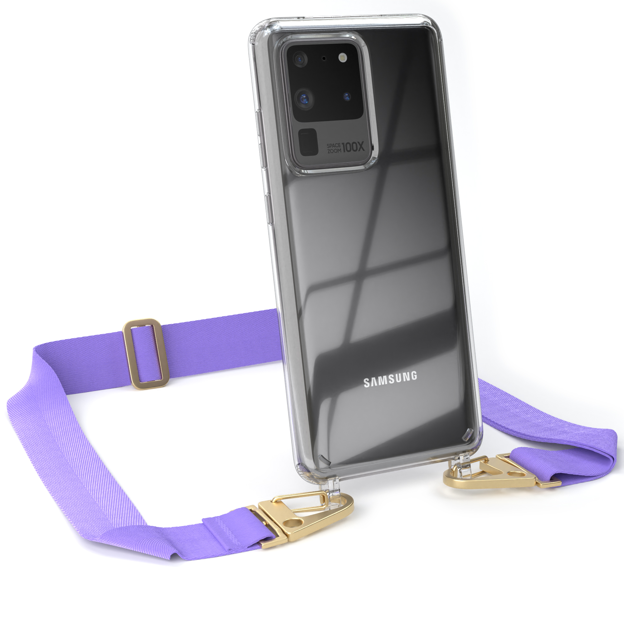 Transparente Handyhülle mit lila Umhängeband. Samsung-Telefon sichtbar.