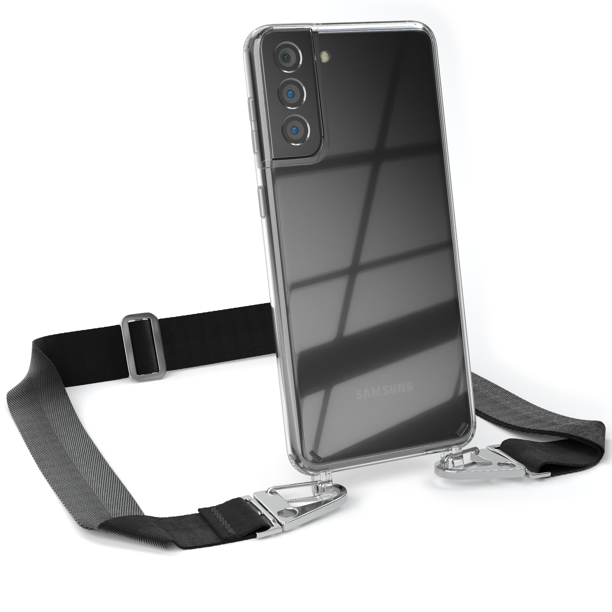 EAZY CASE Transparente Handyhülle mit Schwarz Plus breiter S21 + Karabiner, 5G, Galaxy Samsung, Kordel Umhängetasche, Silber 