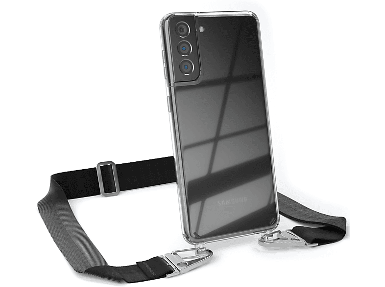 EAZY CASE Transparente Handyhülle mit breiter Kordel + Karabiner, Umhängetasche, Samsung, Galaxy S21 Plus 5G, Schwarz / Silber