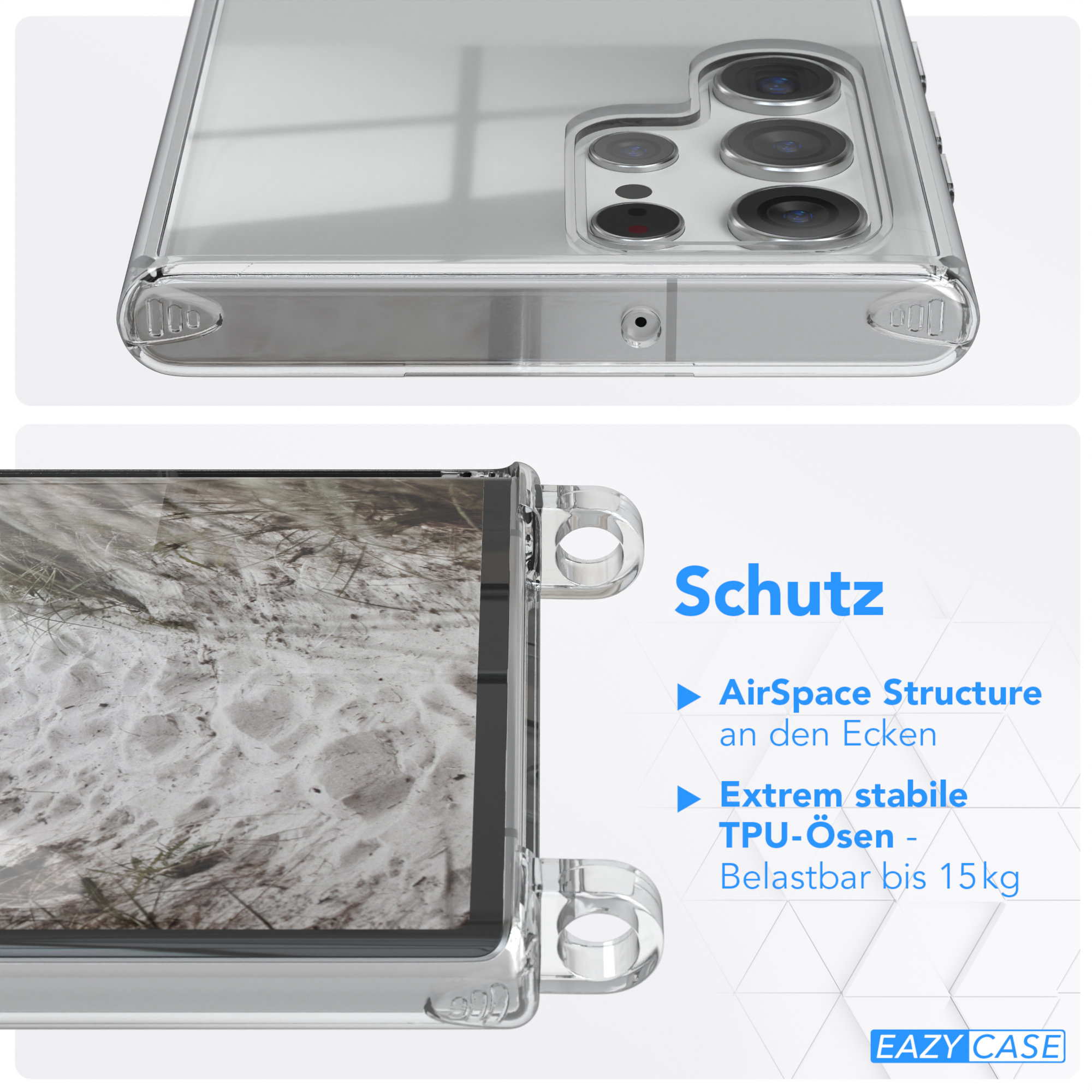 Transparente Handyhülle mit Telefon im Inneren. Der Text lautet: Schutz. AirSpace Structure und Extrem stabile TPU-Ösen.