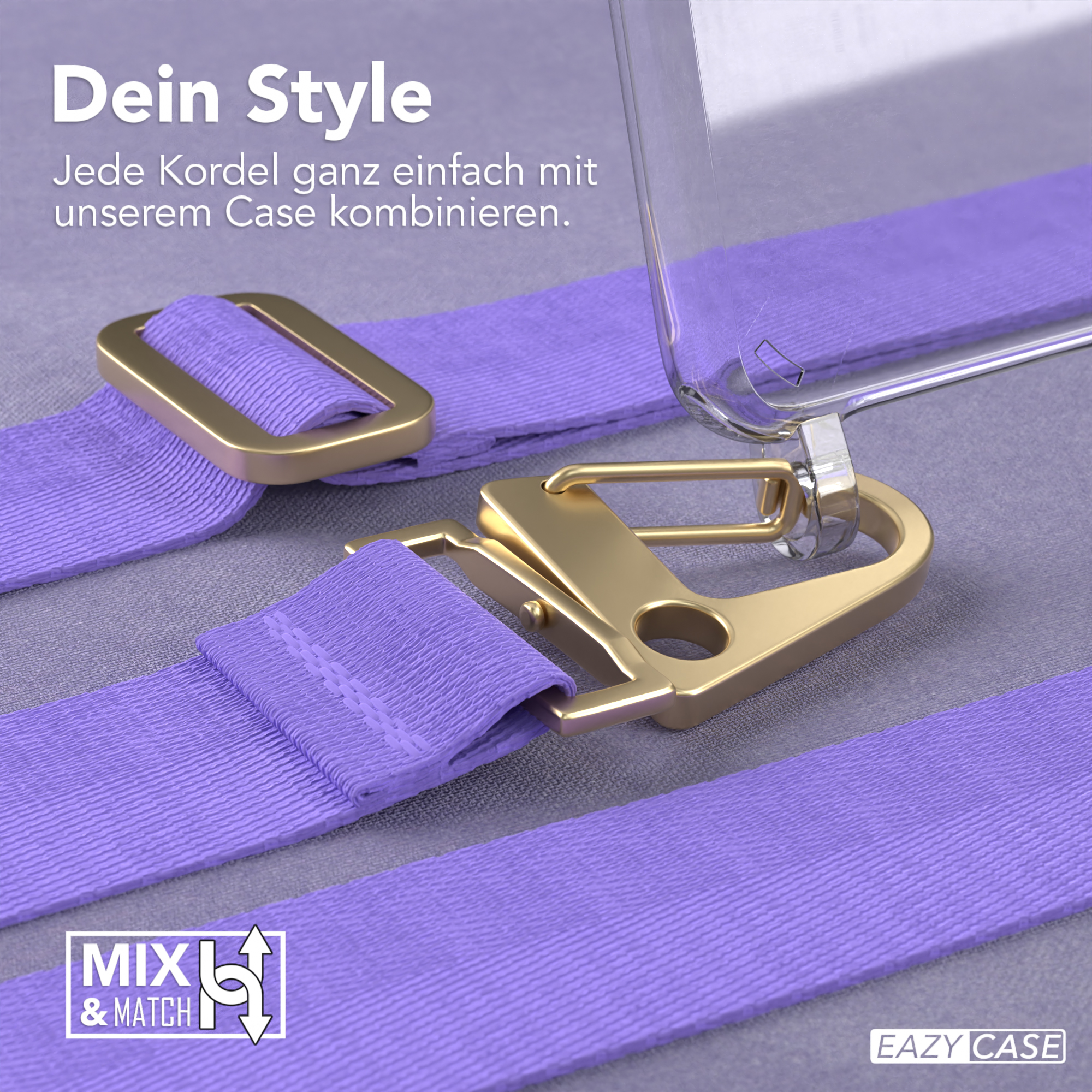 Lila Handykordel und transparente Handyhülle mit goldenem Verschluss. Mix & Match Text links.