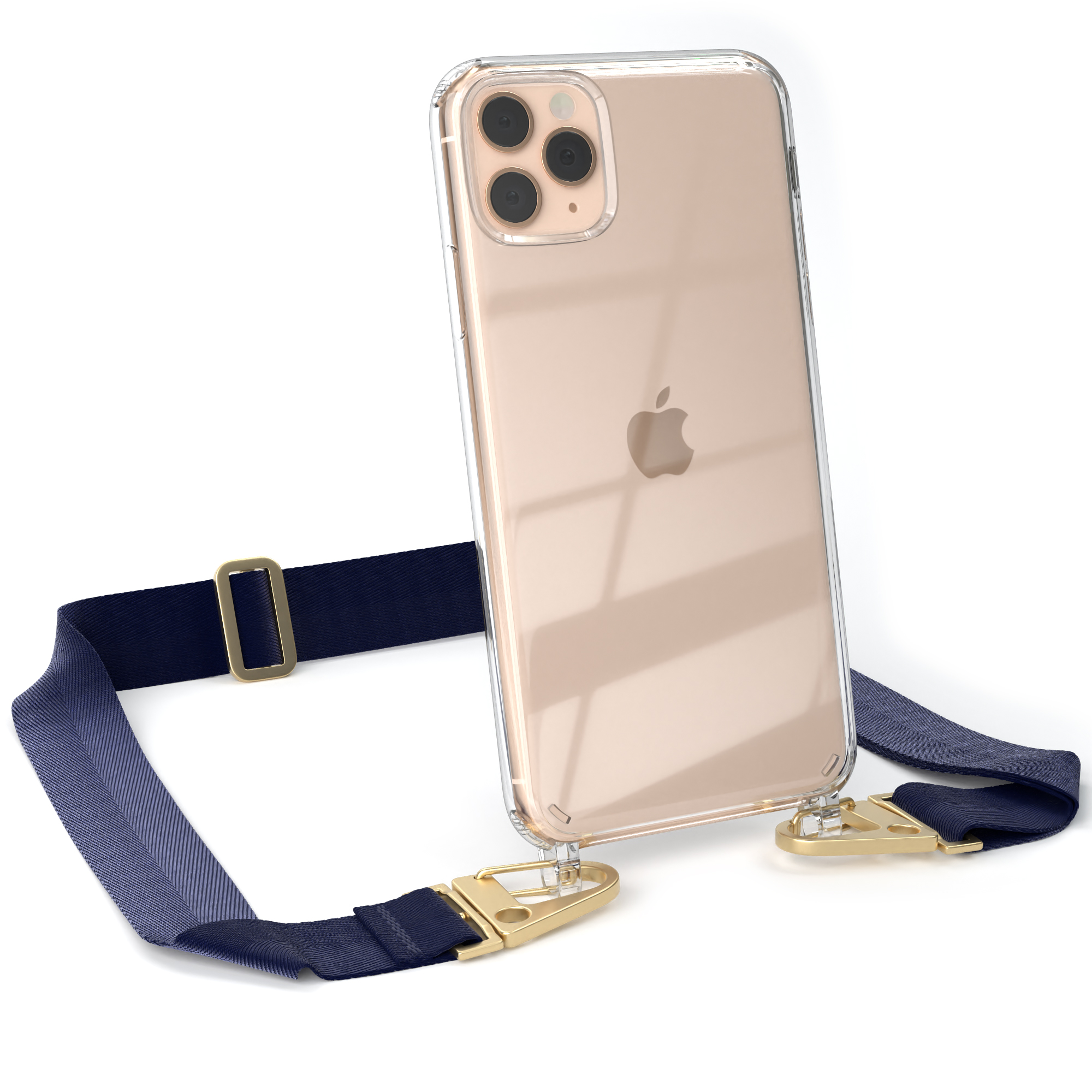 Transparente Handyhülle mit marineblauem Umhängeband. Telefon ist ein iPhone. Das Band ist marineblau.